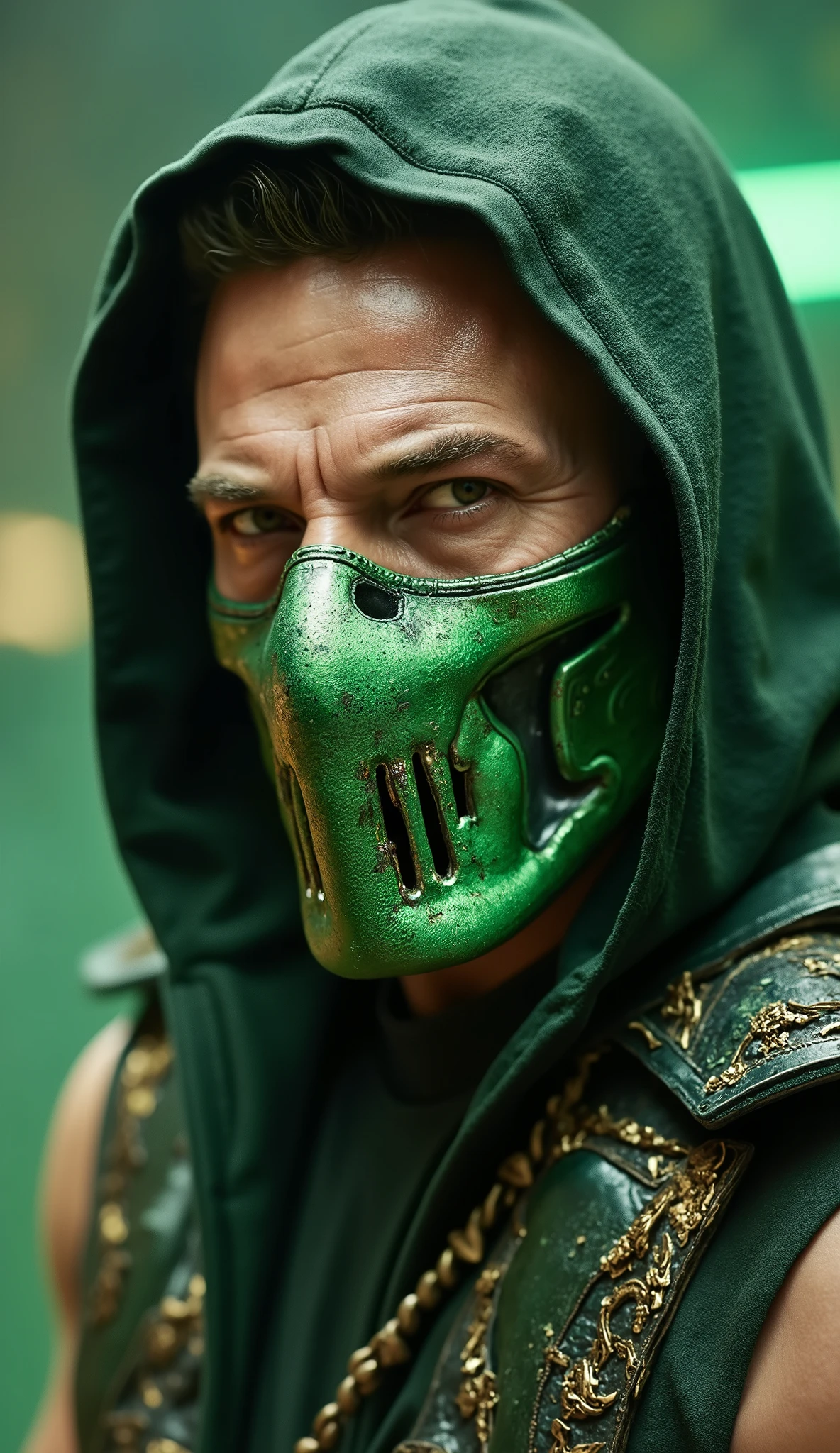 Here is a detailed prompt to generate an image ** super realistic** of Tom Hardy as **reptile**, focused **Only on the face **, with a green outfit and a shiny metallic green mask partially covering the face, e um Bottom marcante:
---
**"Close-up hiper-realista do rosto of Tom Hardy as reptile, o guerreiro reptile de * mortal kombat*. He has a wild and threatening expression, with penetrating eyes that convey ferocity and cunning. His metallic green mask covers part of the face, with intricate details and brilliant reflections that highlight the shimmering material. The mask is adorned with tribal patterns and small gold ornaments that complement your look. He wears a super detailed green costume, with rich textures and metallic reflections that capture light in an impressive way. The lighting is dramatic , with shades of green and silver, creating strong contrasts between light and shadow. O Bottom é um cenário realista e escuro, with green lights , soft mist and elements of an underground environment, adding an intense and enveloping atmosphere."**
---
**Extra details for realism:**
- **mask:** Highly detailed design, with metallic reflections , tribal patterns and shiny gold ornaments.
- **clothing:** Super detailed green fabric, with metallic reflections e padrões intrincados.
- ** :** Wild and threatening look, transmitting the fierce and cunning essence of reptile.
- **Bottom:** Hyper-detailed textures in the fog and the elements of the underground environment.
This prompt combines iconic reptile elements with Tom Hardy's unique look, guaranteeing a cinematic and immersive result!
