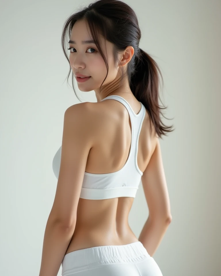 (((Beautiful athlete running on a treadmill in an indoor gym trying to lose weight after eating too much on New Year&#39;s Day))),(((A competitive athlete running on a treadmill wearing a pure white tankini and knee-length white running spats))),(((masutepiece:1.6))),(((ulzzang-6500))),(((perfect anatomia:1.6))),(((Deep depth of field with Hasselblad))),(((Sexy waist))),​masterpiece,top-quality,超A high resolution,High detailed portrait,(photographrealistic:1.4),(((High nose and chiseled beautiful face))),(((Long limbs like a model))),The fair-skinned nape of the neck is dazzling,(((A beautiful figure with beautiful body lines))),pull your chin and smile,((Full body shot from the rear)),Cute 20 years old, Her long glossy chestnut hair is tied up and the nape of her neck is sexy.,((Proud F cup beautiful breasts )),(I can&#39;t get enough of my waistline),(Famous popular actresses of Japan),(Look over your shoulder and smile with the corners of your mouth and eyebrows raised),A detailed eye,((Gravure photoshoot inside a famous sports gym)),((long lashes,big eye,Distinct double eyelids,((shiny thick lips)),(((perfect anatomia:1.4))),