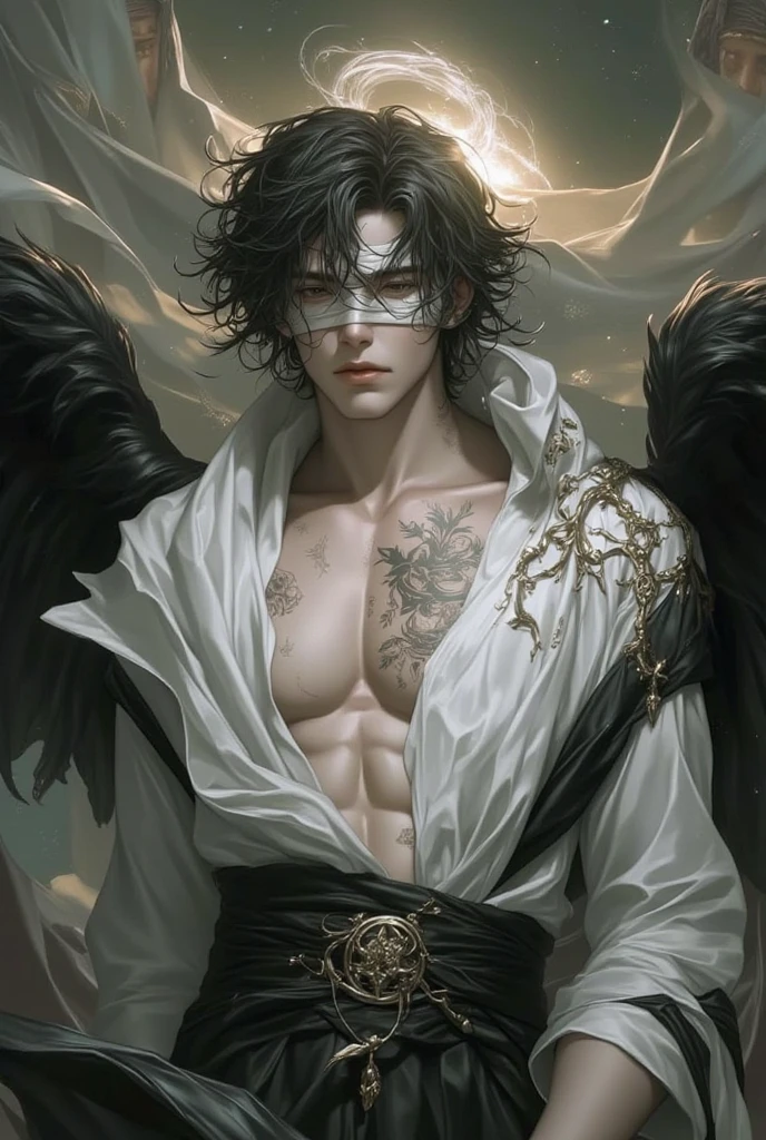 Young angel naughty man, just, Owl-like, with four black wings, Eyes red, just look, dark aura, naughty man