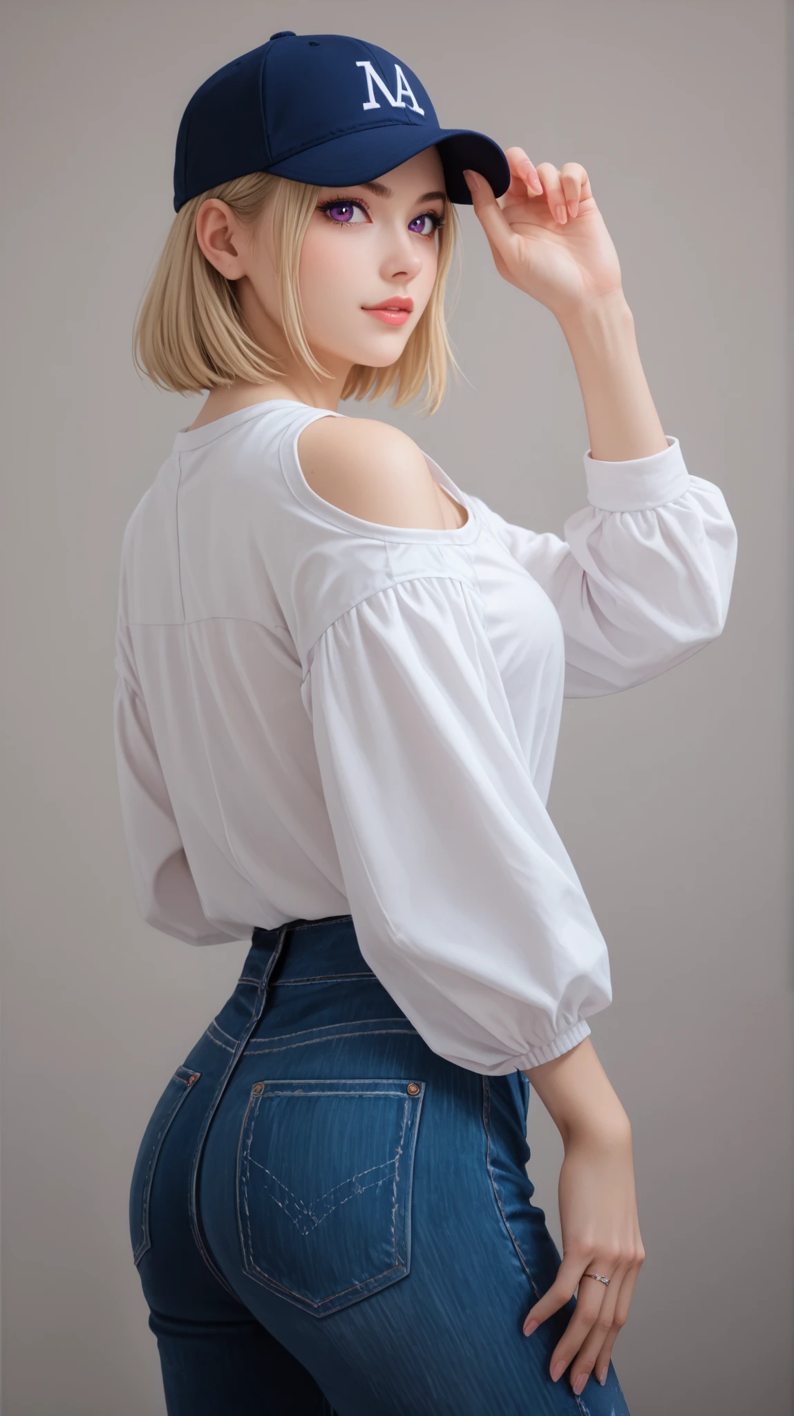 Cha Hae-In from Solo Leveling, standing in a confident pose with her back slightly turned, looking over her shoulder with an intense yet calm gaze. She wears a white loose-fitting blouse tucked into high-waisted, form-fitting blue jeans, emphasizing her slim yet athletic build. Her short blonde hair with bangs frames her face, and she wears a dark blue baseball cap, adjusting the brim with one hand. Her striking purple eyes stand out, conveying a strong yet composed personality. The background is a bold, stylish gradient of red and pink tones, giving a modern and vibrant aesthetic. The lighting is soft yet dramatic, with smooth anime shading and high-quality details. Highly detailed anime-style, ultra HD, cinematic composition, vibrant colors, dramatic shading. --ar 16:9 --v 6 --style raw --q 2 --s 750