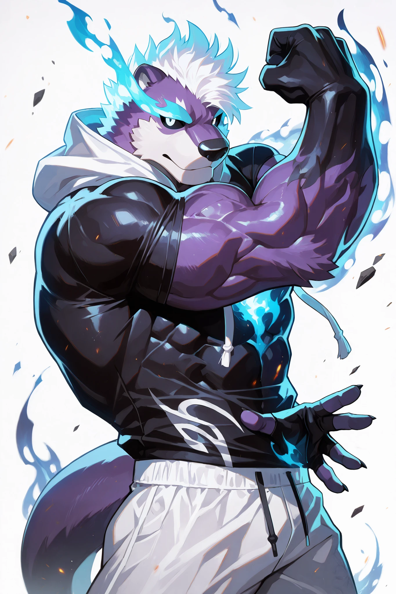 solo, silhouette, Shadow Flame/Darkness Powers, ((male)), muscular Otter Anthro character, ((Purple Fur)) wearing a white hoodie with blue line details, black t-shirt, wallpaper quality, on a loading screen, fighting stance, solo, aura, thigh up, (Purple Otter anthro Body, Lighting Appearance, white hair), sinister stare, neon lighting, Black eyes, Black sclera, glowing Black eyes, glowing purple highlights, Shadow Flame Embers, Glowing border, Black Fire in background, Glowing Symbol, (Athletic muscles:1.5), white hoodie, Tight blue pants, dress pants, masterpiece, ((Simple White background)), correct anatomy, correct hands, best quality, 
