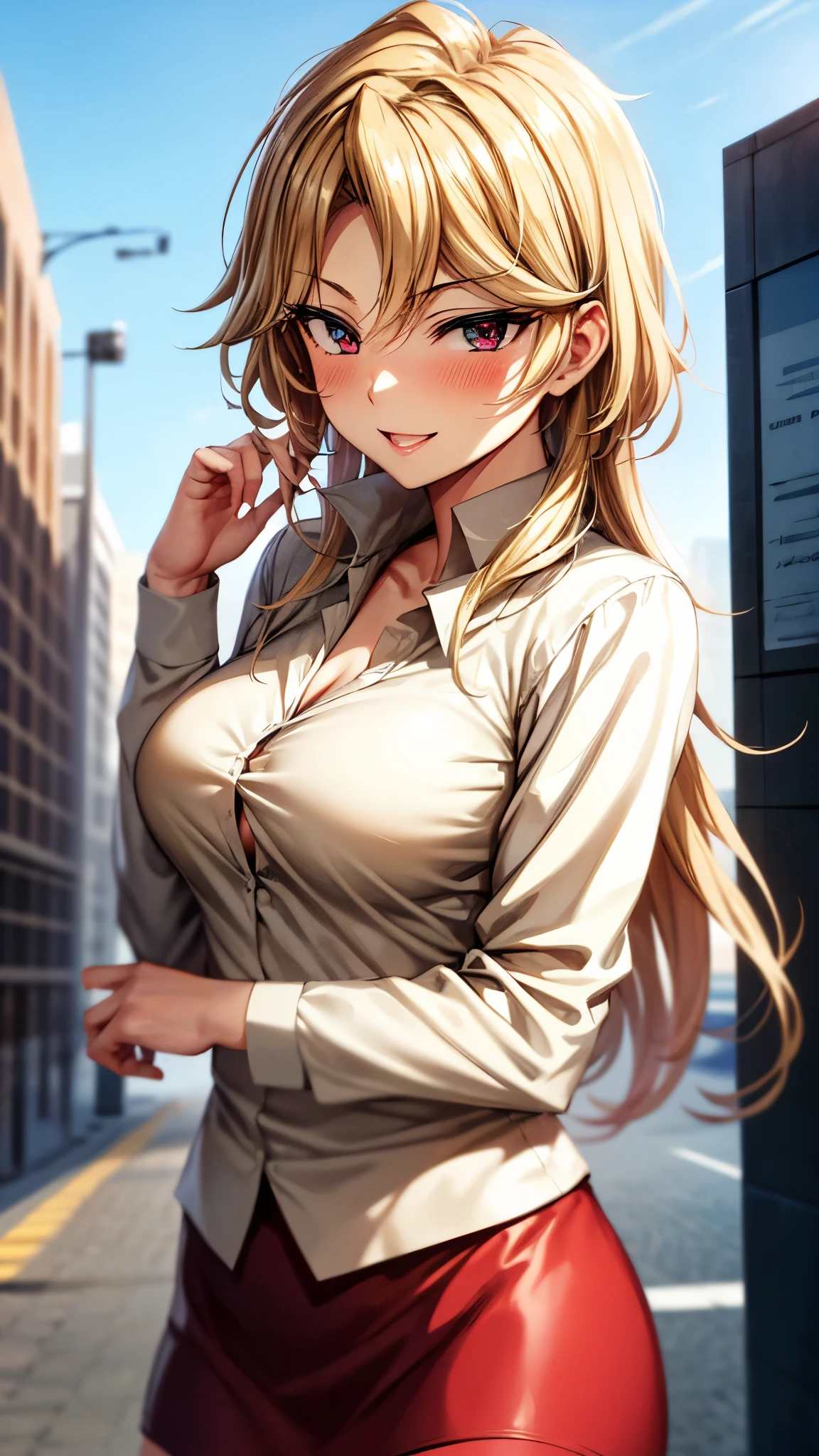 (masterpiece), best quality, ultra-detailed, 1024k UHD wallpaper, ultra-high resolution, depth of field, HDR, (extremely detailed CG 1024k wallpaper), Detailed face, Detailed Clothes, Ultra HD Photo, 1girl, faded gold hair, light purple eyes, red lips, flower hair band, flower shirt, large breast, flower skirt, small heels, city, looking at viewer, (newest anime art style)