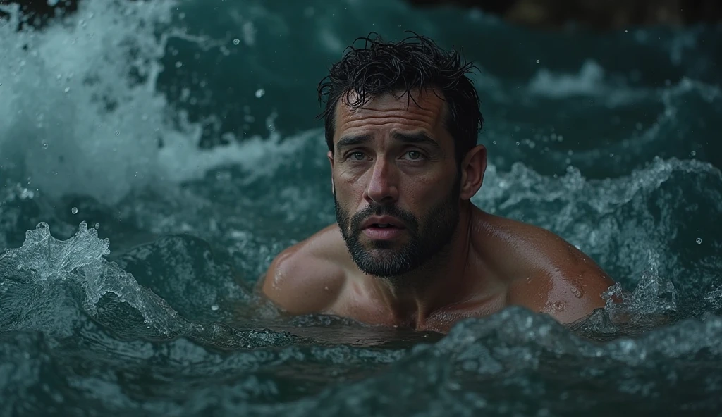 (best quality,4k,8k,highres,masterpiece:1.2),ultra-detailed,(realistic,photorealistic,photo-realistic:1.37),attractive man in a jet ski accident,strong muscular body,detailed and expressive face,beard 
,illustrated or oil painting,crashing waves,splashing water,sunset horizon,vivid colors,water droplets on the body,broken jet ski parts,fearful expression,rippling muscles,slightly wet hair,scattered sea spray,dynamic and intense scene,dramatic lighting,action-packed,hint of danger