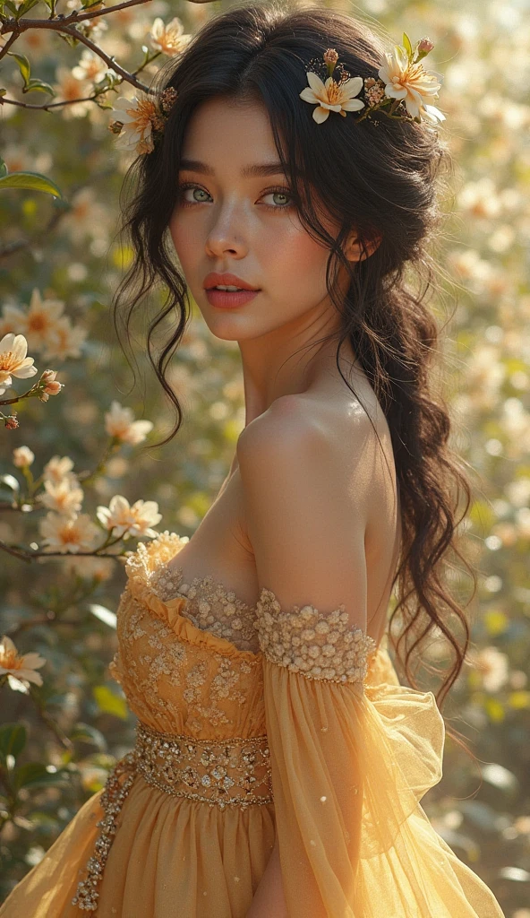 Summer in the Mountains, a beautiful voluptuous woman, curvy body shape, moist skin, she is wearing a transparent red floral summer dress, flower in her long straight hair, depth of field, bokeh, Volumetric lighting, close up shot of her face, from the side,