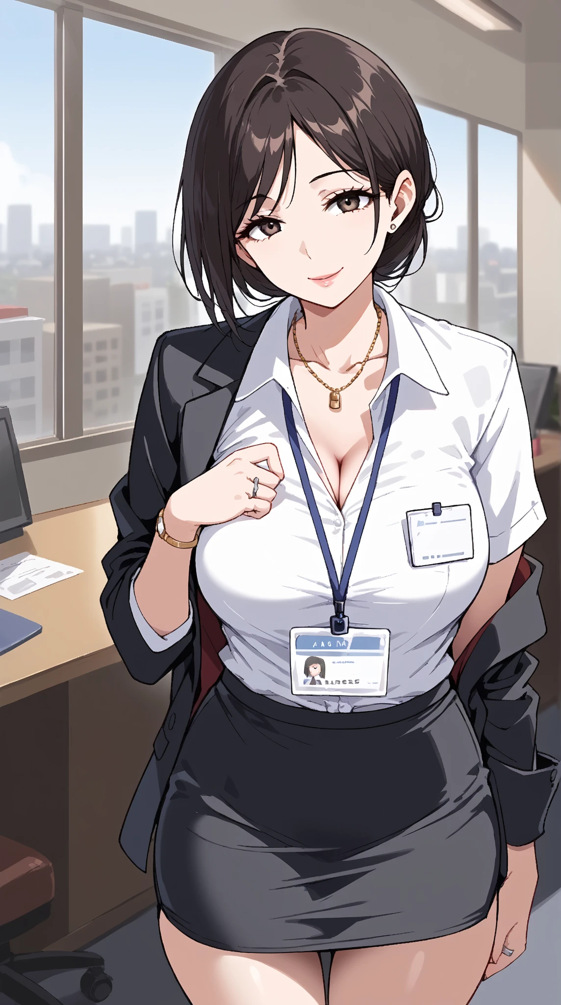 (Highest quality, 8K, 32k, masterpiece, Ultra-high resolution: 1.2), 1 Girl, Beautiful Japanese Woman,Close-up of chest, thinウエスト, (Gray suit), Open jacket, 魅力的なoffice Lady, suit, (Gray Tight Skirt), office, office, Put your hands on the desk,Leaning forward, Beautiful Face, Brown Hair, Bob Hair, Saggy eyes, Slender figure,Cleavage, thin, whole body, Detailed expression down to the fingertips,Sexy thighs, One Woman, alone, A charming smile,White panties,