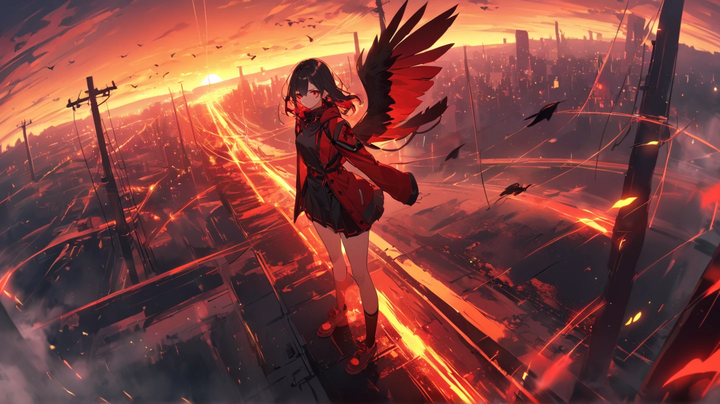 Anime, flying through the sky with black angel wings, golden leotard armor, In Battle, Chaos, shooting laser beams from hands, masterpiece ,pantyhose, boots,magicagirl body suit, large skirt, smile, long skirt,standing,smile forest,matoi ryuuko, pants, vest, pullover, coat, full body