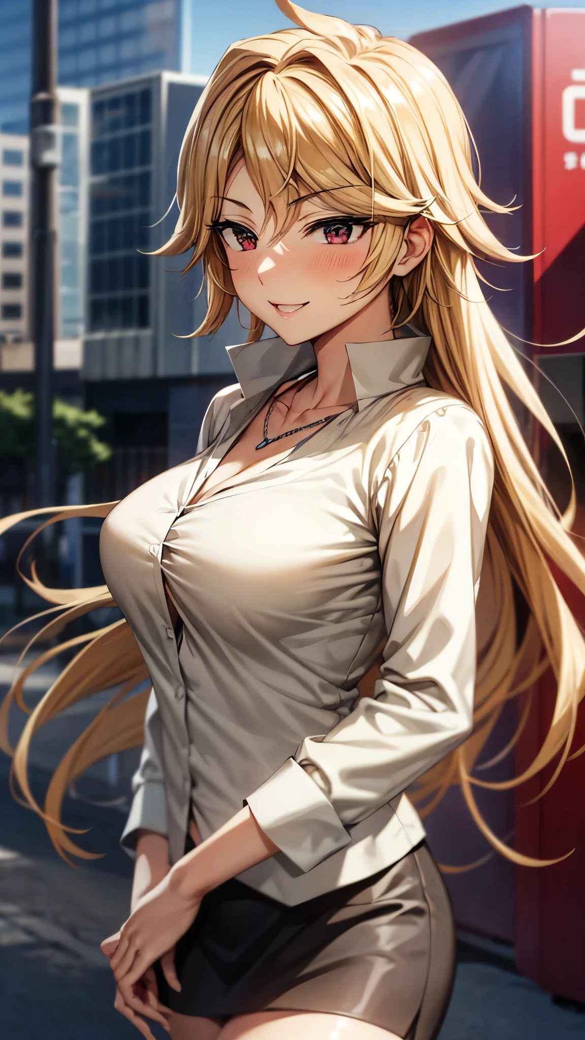 (Ultra High Quality,ultra high resolution with oil,16k,Super Masterpiece,Ultra HD ,detailed shading and background,)Sexy Wife,long blonde hair,sexy white shirt with cuffed sleeves,lattice pattern mini skirt,Chest Valley,necklace,blushes,smile,Morning in the city,Place one hand on the side of your head,The wind lifts my hair,