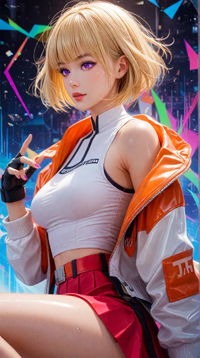 (best quality, 8k, highres, photorealistic:2.0), (solo, one girl:2.0),(lighting:front),(lighting: strong),(american beauty:2.0),(women of adult age:1.6),(girl is very muscular:1.5),(shiny skin:1.5),(oily skin:1.5),(platinum blonde hair color:1.5),(flat chest:1.5),(((small breasts))),(Photographed in the deserted slum of Detroit),(ultimate beautiful girl),(energetic woman),(bad girl fashion style wear),(((low rise pants))),((track jacket zip full open)),(navel is visible),(abdomen is visible),(waist is visible),(((hip hugging pants))),Blush brown makeup , dark eye makeup ,pink lipstick,(big eyes girl:1.3),(((girl's sexual charm))),(The girl's amazing sex appeal),(unzip your pants:1.5),(Open the bottom zipper:1.5),(gold necklace),