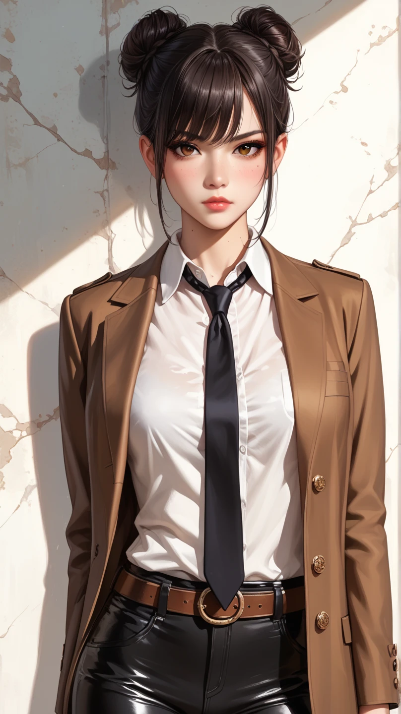 Wear a satent wrench coat, the material of the trench coat is satin, strong shiny, soft and smooth to the touch, the buttons in front of the trench coat are fastened, under the trench coat wear a satin blouse, no bra is on, the collar of the blouse should be outside the coat, the blouse fitted blouse, the chest is C cup, Japan fashion model, wear a shirt, One beauty woman in a coat