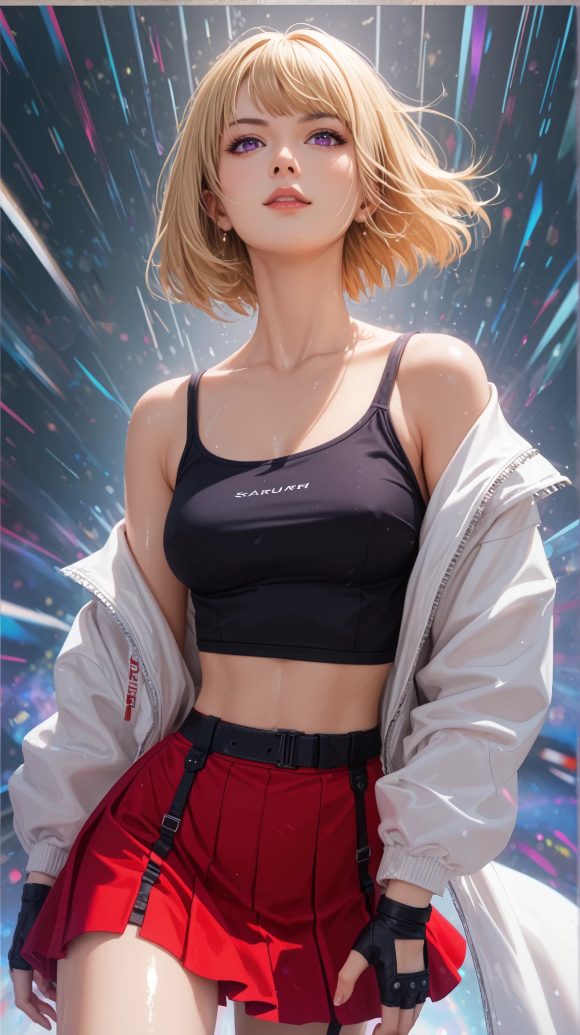 score_9, score_8_up, score_7_up, score_6_up, source_anime, rating_explicit, shiny skin,light particles,mature female, 1girl, slim body, slim legs, solo,Narrow shoulders, slim body, medeuim breast, short hair, bangs, blonde hair, purple eyes, Cha Hae-In from Solo Leveling, mid-action pose with one knee bent and dynamic movement in her hair, looking directly with a determined yet elegant expression. She wears a black sleeveless crop top, a white loose-fitting jacket with red accents, a short red skirt, and black fingerless gloves. Her short blonde hair with bangs flows slightly, and her piercing purple eyes convey strength and agility. The background is a futuristic digital aesthetic with light glitch effects and soft, abstract shapes. High-quality anime-style, ultra HD, smooth shading, and crisp details, vibrant colors, dynamic composition. --ar 16:9 --v 6 --style raw --q 2 --s 750
