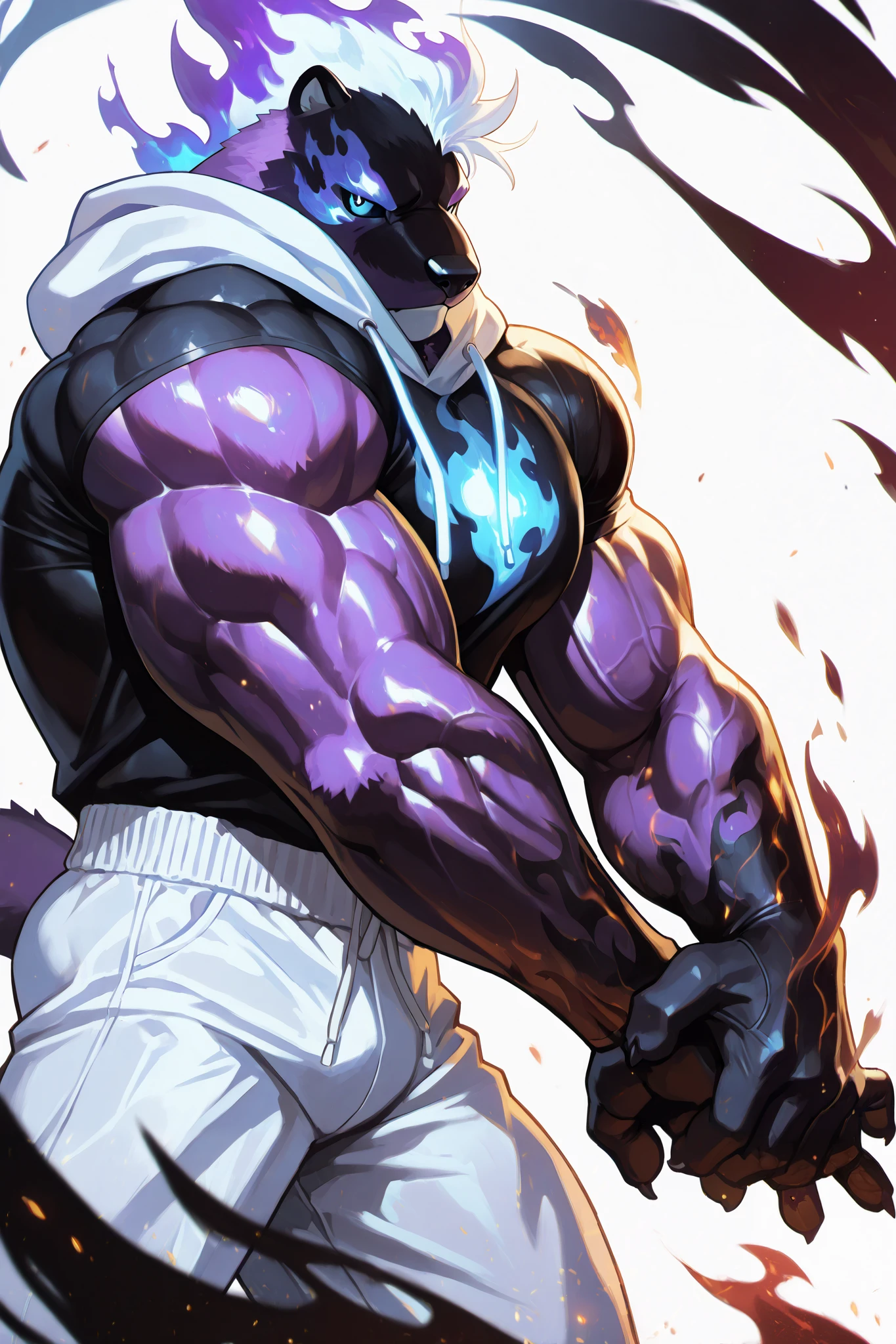 solo, silhouette, Shadow Flame/Darkness Powers, ((male)), muscular Otter Anthro character, ((Purple Fur)) wearing a white hoodie with blue line details, black t-shirt, wallpaper quality, on a loading screen, fighting stance, solo, aura, thigh up, (Purple Otter anthro Body, Lighting Appearance, white hair), sinister stare, neon lighting, Black eyes, Black sclera, glowing Black eyes, glowing purple highlights, Shadow Flame Embers, Glowing border, Black Fire in background, Glowing Symbol, (Athletic muscles:1.5), white hoodie, Tight blue pants, dress pants, masterpiece, ((Simple White background)), correct anatomy, correct hands, best quality, 
