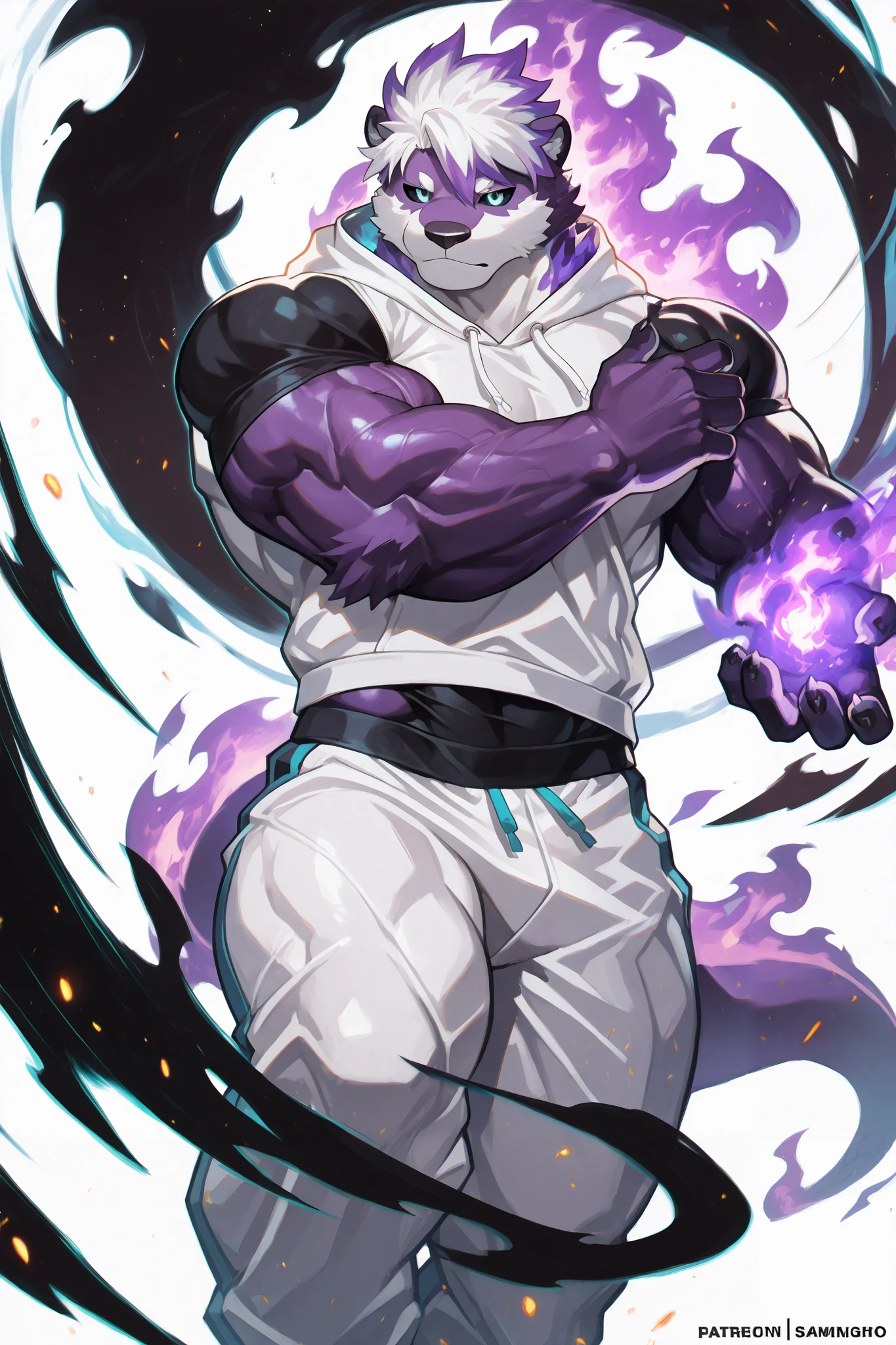 solo, silhouette, Shadow Flame/Darkness Powers, ((male)), muscular Otter Anthro character, ((Purple Fur)) wearing a white hoodie with blue line details, black t-shirt, wallpaper quality, on a loading screen, fighting stance, solo, aura, thigh up, (Purple Otter anthro Body, Lighting Appearance, white hair), sinister stare, neon lighting, Black eyes, Black sclera, glowing Black eyes, glowing purple highlights, Shadow Flame Embers, Glowing border, Black Fire in background, Glowing Symbol, (Athletic muscles:1.5), white hoodie, Tight blue pants, dress pants, masterpiece, ((Simple White background)), correct anatomy, correct hands, best quality,