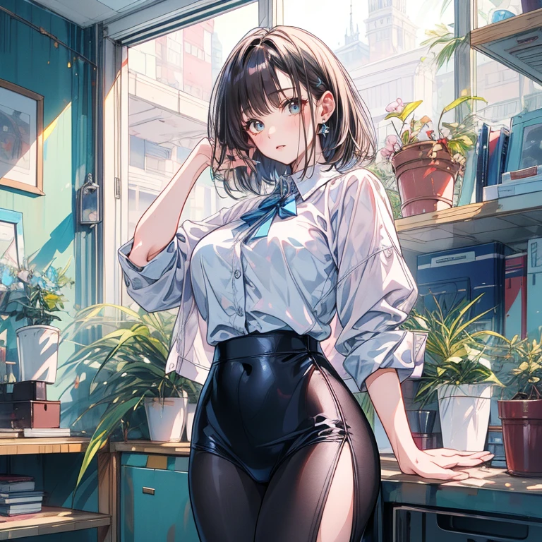 (solo), (1 skinny girl), Agnes Tachyon, uma-musume, brown short hair, brown tail, BREAK, (skinny), short torso, (very skinny legs:1.3), (bursting huge breasts), skinny small hip, skinny thighs, BREAK, (unbuttoned black collared shirts:1.2), cleavage, tight-fit pencil skirt, BREAK, forced smile, orgasm, (nsfw:0.8), pussy juice, coverd erectile nipples