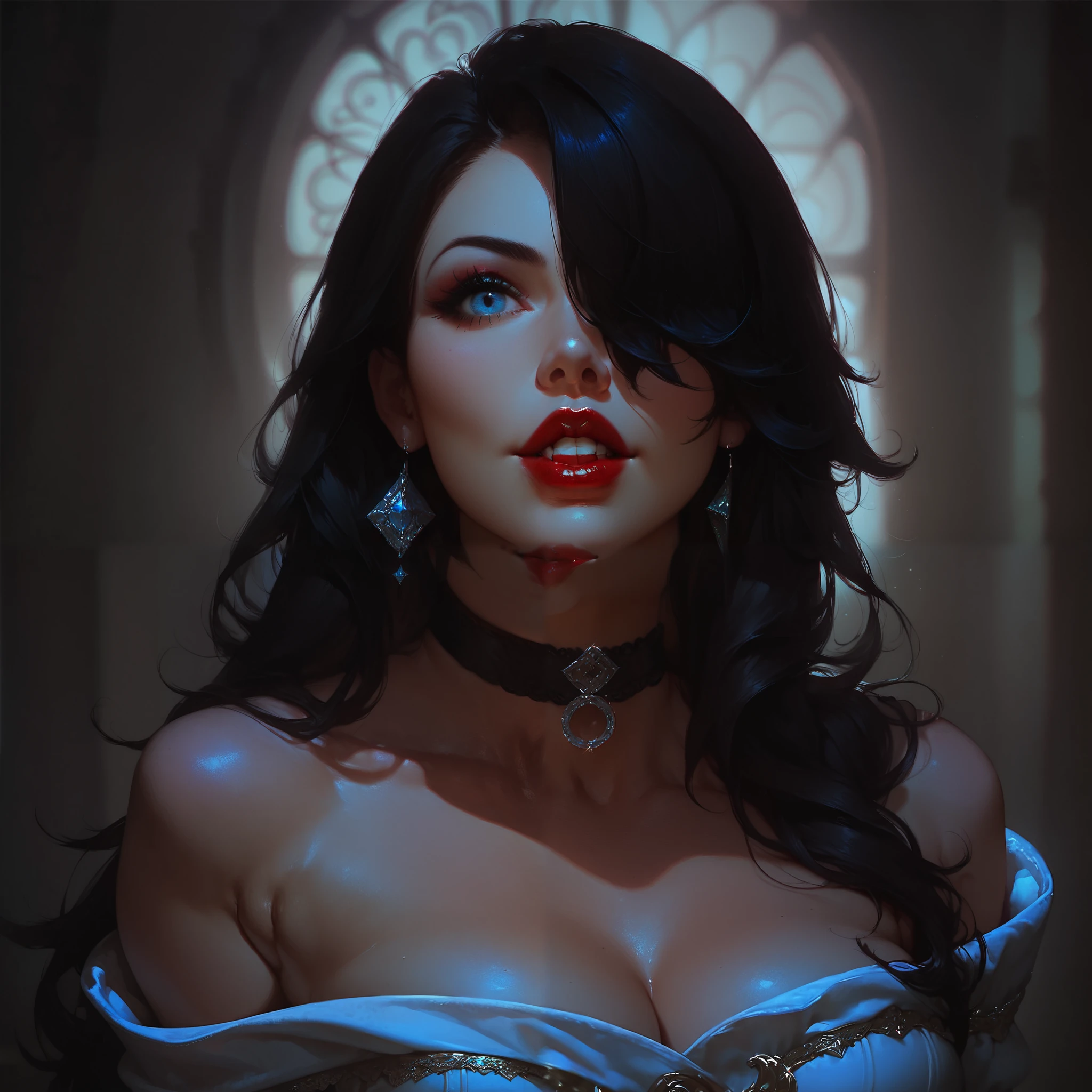 a drawing of a woman with blood on her face and a bloody collar, charlie bowater art style, arte do personagem Charlie Bowater, lois van rossdraws, Ross Draws 1. 0, female vampire, Carmilla Vampira, artgerm e rossdraws, style of charlie bowater, Vampire girl, Ross Draws 2. 0, Retrato de RossDraws, vampire portrait