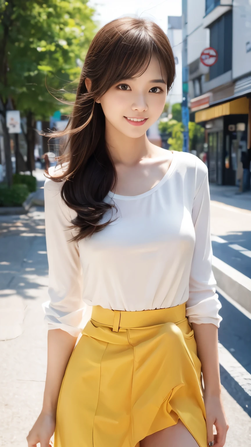 A woman in a white shirt and yellow skirt posing for a picture - SeaArt AI