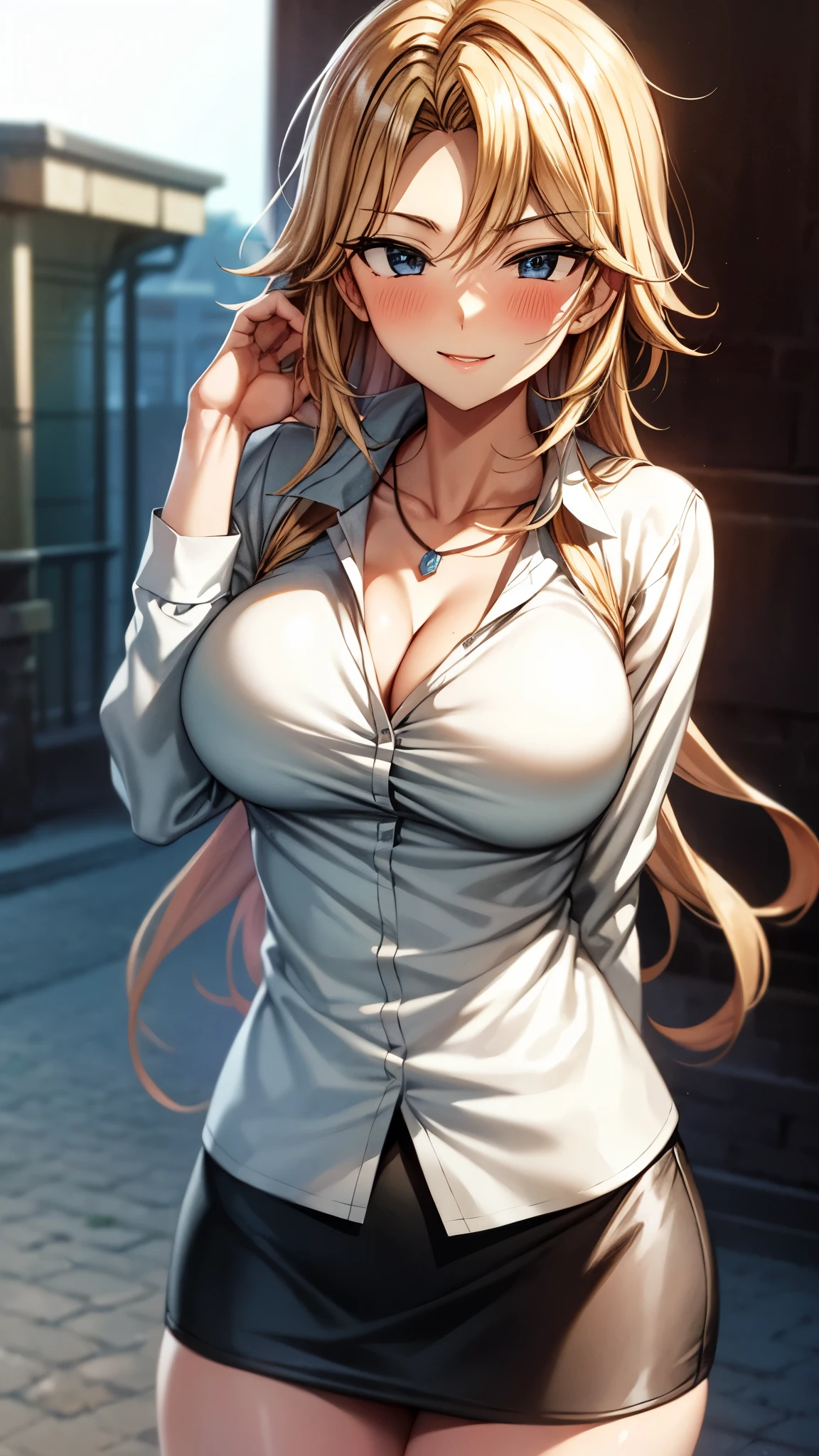 ((perfect anatomy:1.2,realistic:1.3,RAW Photography:1.3,masterpiece、highest quality、Ultra - High resolution、High resolution、Highly detailed CG、8K)),cowboy shot,1 female,solo,18-year-old、High school girl beautiful girl,Japanese,((beautiful detailed face and eyes:1.2,big gorgeous eyes:1.3,)),blonde hair,long hair,(center parted hair:1.4,forehead),medium breasts,slender body,small head:1.3,skinny,(brown skin:1.4),(oily skin,gleaming skin,shiny skin,sweat:1.2),(school uniform、Dark blue blazer jacket、plaid pleated mini skirt),standing,dirty back alley、at night、Tokyo、(((Big Breasts、Big cleavage)))
