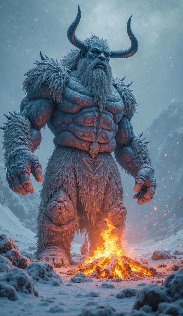 ((masterpiece)) ((Good structure)) ((High dynamic range)) ((ultra high definition)) ((8k)) Giant man, Whole body, male focus, muscled body, Pale skin, cuerpo cubierto de snow, bare chest, male face, attractive, black fur, frozen black beard, half buried in ice, shoulder armor. scenery: exterior, frozen mountains, rocks, winter sky, snow.