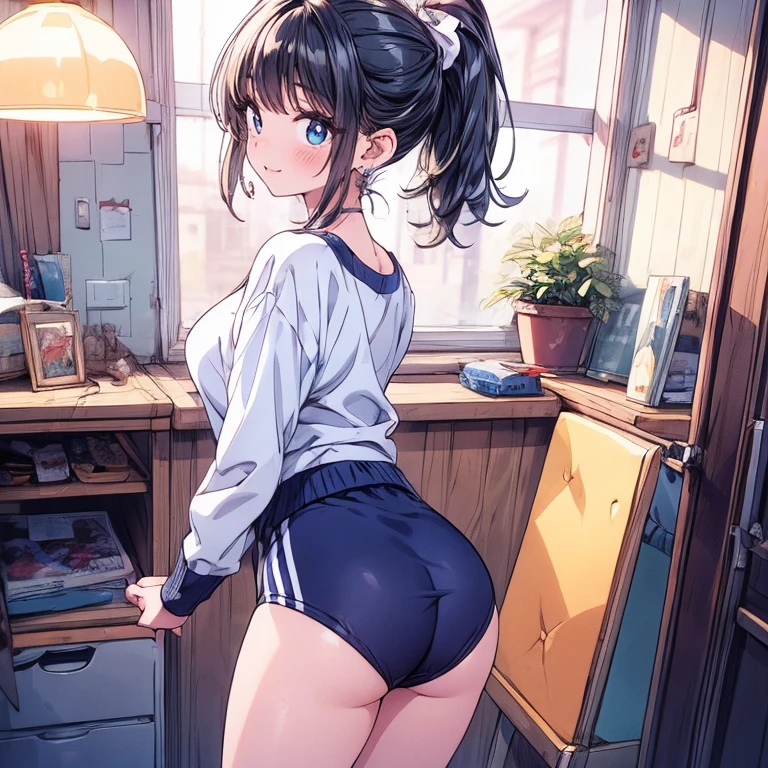 menina bonita chinesa,standing on her feet,Incline-se para a frente com o peito firmemente contra as pernas,unparalleled beauty,Shiny rubber pants,oversized buttocks,round buttocks,beautiful buttocks,upturned buttocks,Single combed ponytail,cabelos pretos,pernas delgadas,salto em altura,Gentle and shy face,laughing from the heart,耳Nipple Ring,colar,Correntes,Behind the perspective