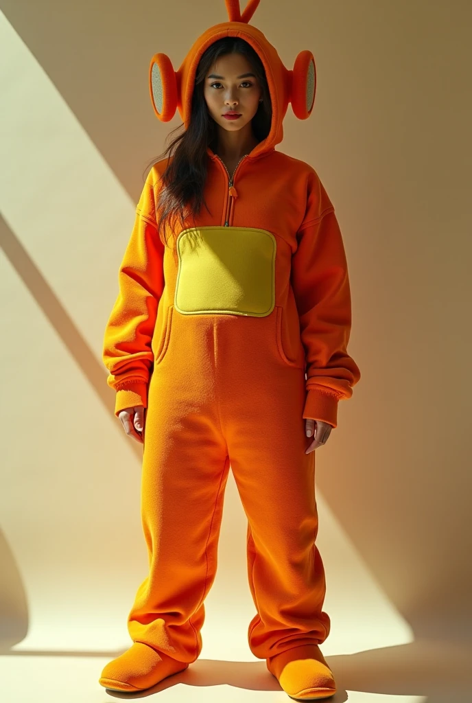 Short-haired girl wearing a conspicuous Pikachu costume，Full body and full tail，With a playful smile，The atmosphere is relaxed and pleasant