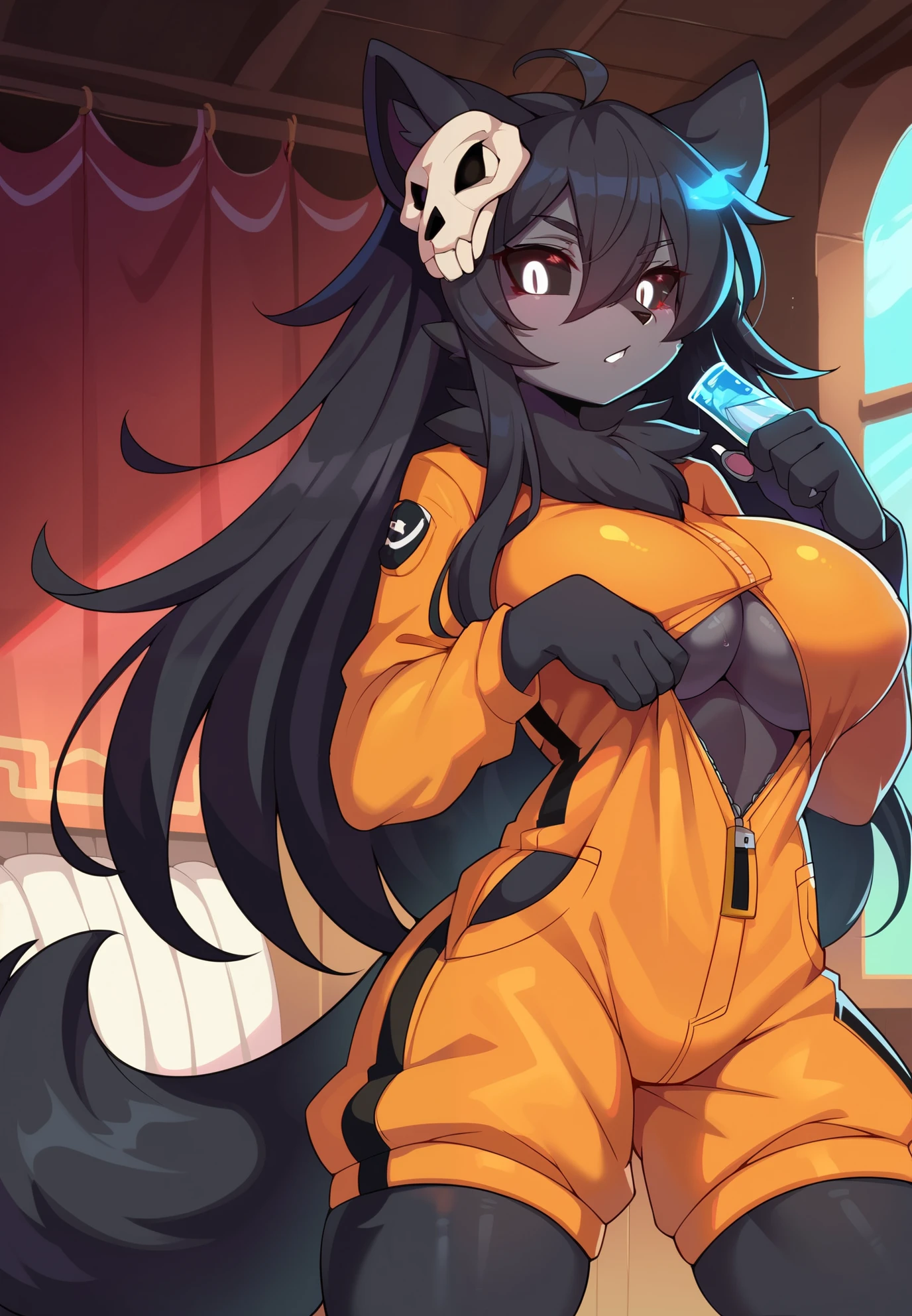 score_9, score_8_up, score_7_up, score_6_up, BREAK, MaloSCPXL, anthro furry, furry female, body fur, black fur, head skull, white eyes, glowing eyes, black sclera, black hair, long hair, hair between eyes, animal ears, black tail, large breasts, orange jumpsuit, solo, standing, looking at viewer, indoors