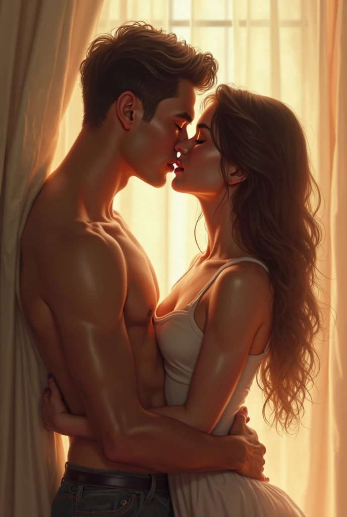 Shirtless boy kissing a sexy  nakedwoman near a windowsill, natural light beaming through window, passionate, intensely intimate, lustful, hot, hugging tight, both blushing intensely .