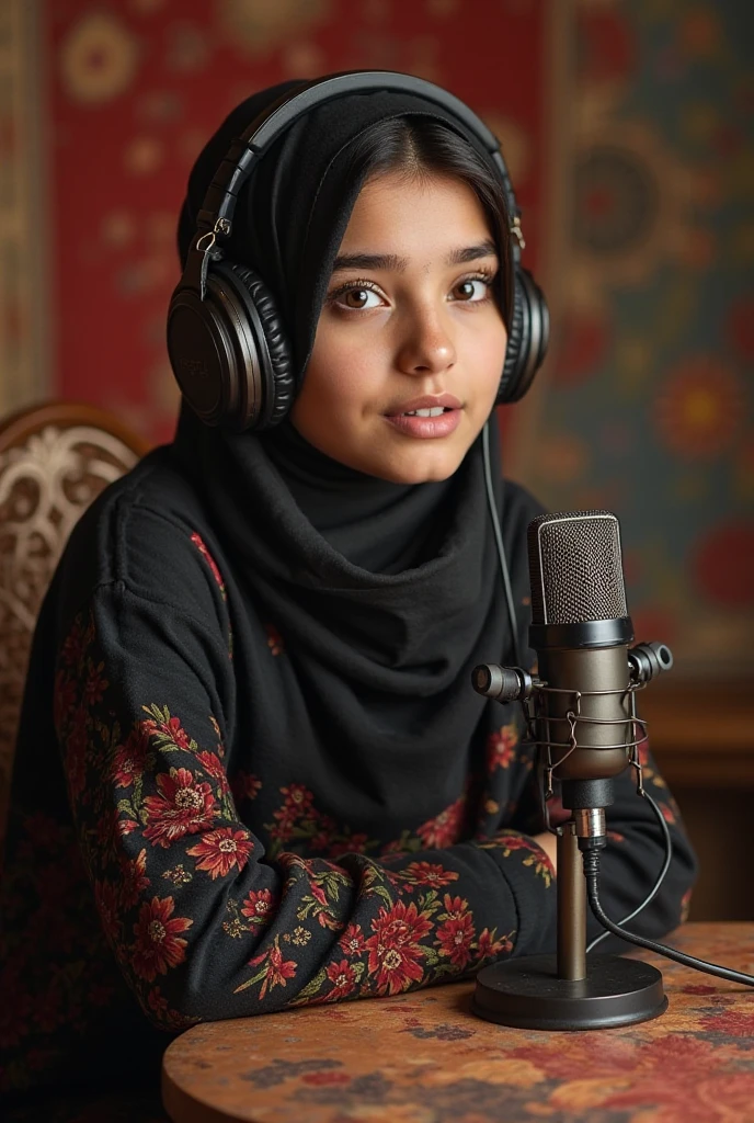 Create a hyper-realistic portrait of a young Arabic Islamic girl sitting by a window with an Islamic book and headphones on. Use Octane Render and Unreal Engine to create a 3D environment that is highly detailed and realistic. Use 85mm portrait photography to capture the fine details of her expression and features.