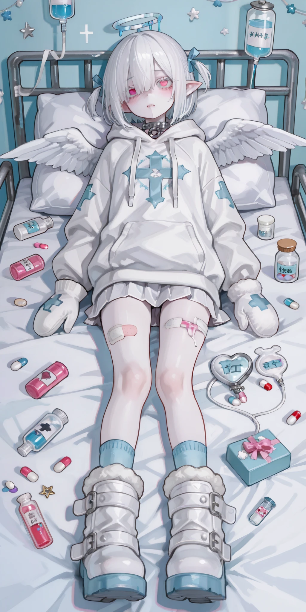 The girl is albino, she has white skin and slightly pointed ears, her eyes are navi blue , and her eyelashes are white. She has short white hair short bob haircut and has small pigtails on the sides of her head. She is wearing a -blue oversized hoodie with long sleeves, white wool mini skirt,blue and white socks and leggings with a set of badges, white ugg boots,mittens,bandages on the thigh. She belongs to the Yamikawaii subculture, so her outfit is decorated with small bandaged wounded angel wings, symbols of medical crosses, eyeballs, hearts, stars, pills,medical bottles, ampoules with medicines, IV drip with tubes ,models of teeth, band-aids, and toy syringes. On the background: a cute pastel babye/pink/lilac medical ward with medical bed surrounded by plush pillows and open empty gift boxes, ribbons hang from the ceiling.