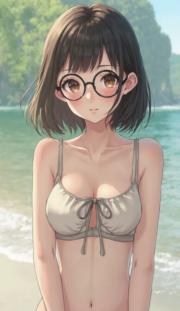 1woman, short brown hair, green eyes, glasses, bikini, standing on ground, high res, ultra sharp, 8K, masterpiece