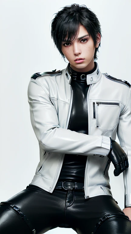Final fantasy taste and reality graphics, ((Japanese young cute and cool ikemen  boy)), his age is early 20s, thin eyebrows and beady eyes,  ((he wearing off white color leather  thick and heavy material jacket)), ((jacket is singlebrest)), ((biker style jacket)), ((jacket is large size)),((with epaulet)), ((jacket is long sleeve)), ((zipped front of the leather jacket)), , ((voluminous leather jacket)), ,((must jacket is high length and stand-up collar)) ((jacket collar with two belts)), ((jacket is a little black color line pattern)), ((also wearing black thick material turtleneck lackluster shirts)),  ((tight black leather pants)),  ((put black leather tight and thin glove on both hands)), ((black leather knee-high raceup boots)),((must views  head-to-toe)),((must views whole body)), ,((Do not show skin from the neck down)),leather jacket leather glove and leather pants have few wrinkles, Avoid showing your innerwear,zip up jacket fastner.must put on a leather glove.
Boy is black hair.boy looks like fashion model.
