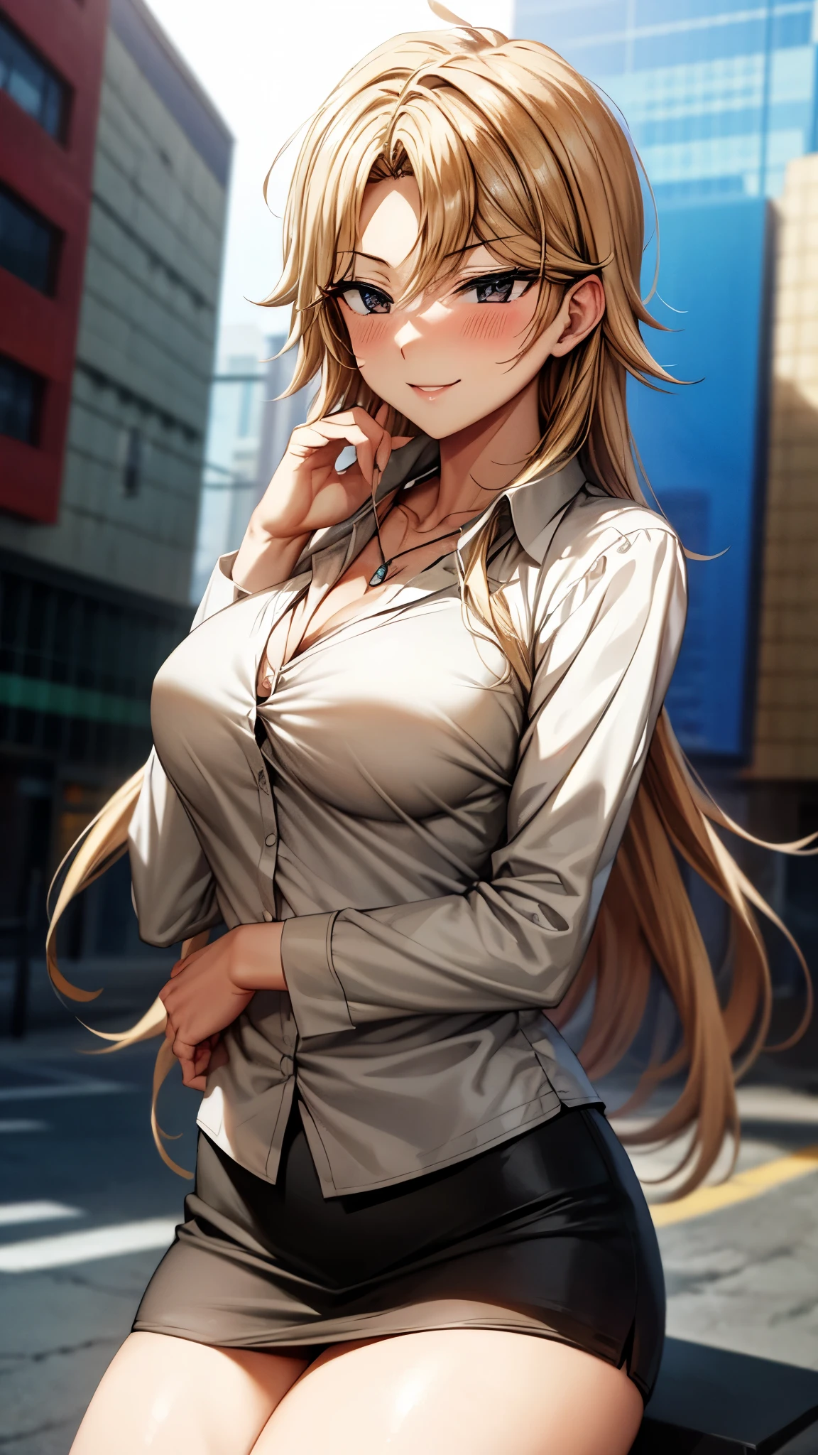 (Ultra High Quality,ultra high resolution with oil,16k,Super Masterpiece,Ultra HD ,detailed shading and background,)Sexy Wife,long blonde hair,sexy white shirt with cuffed sleeves,tight miniskirt,Chest Valley,necklace,blushes,smile,Morning in the city,Place one hand on the side of your head,The wind lifts my hair,