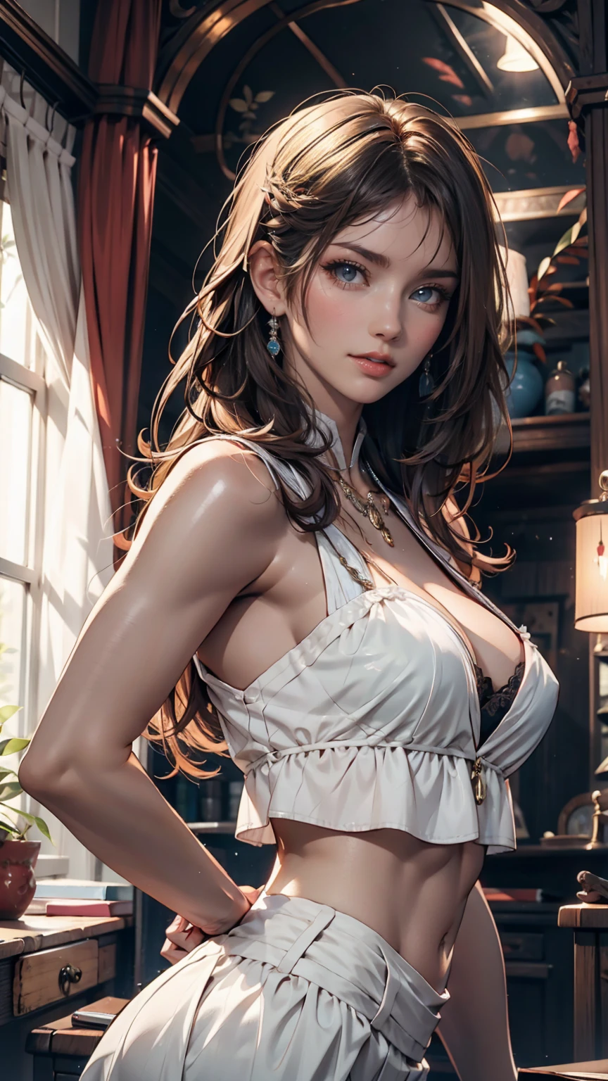 There is a woman wearing a Chinese dress, 27 years old, 28 years old, 29-year-old, 32 years old, Delicate makeup, Ye Wen, 23 years old, Round face, Cute Liane, Gold Tiara, Pearl Necklace, Jade hairpin、Sexy proportions、Sexy body type、Narrow waist、Long eyelashes