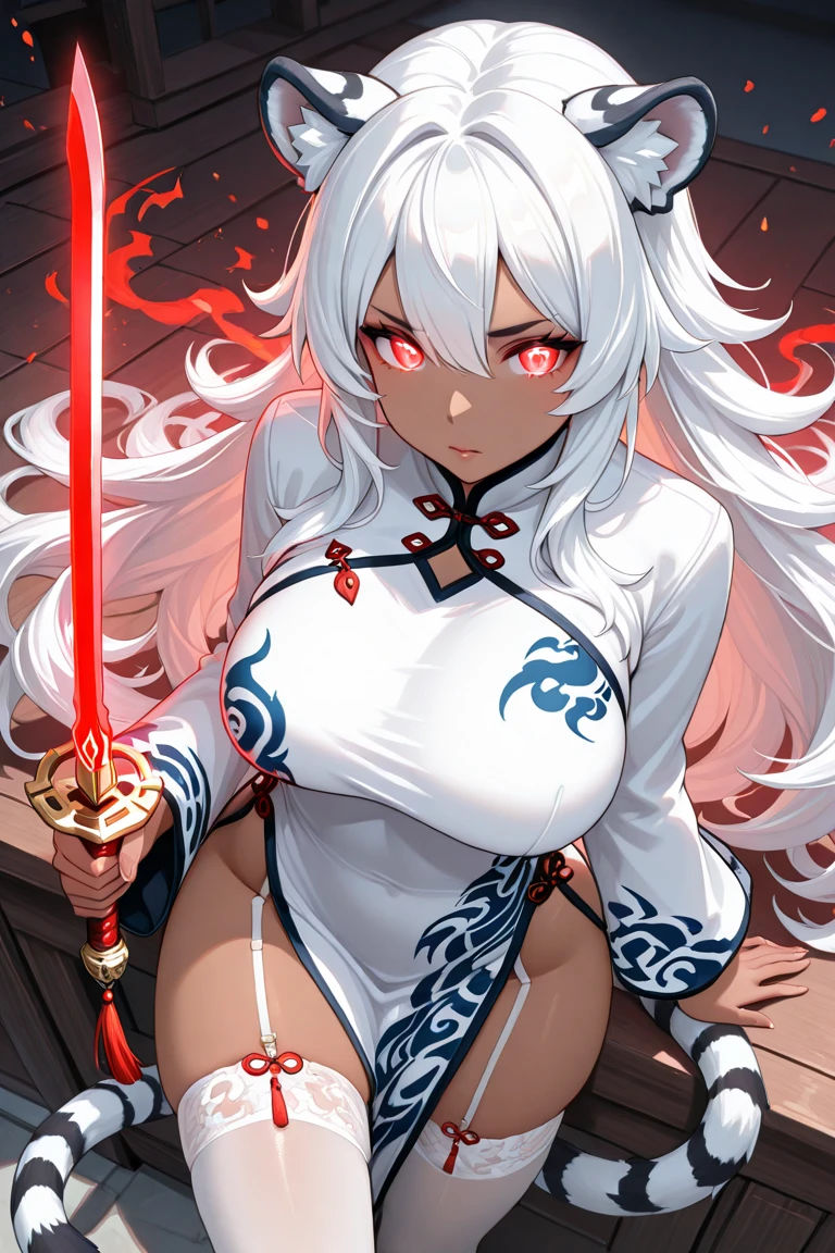 An adult woman, half fox and wolf, white hair, red eyes, wide breasts, very angry, standing, in a bikini, holding a sword