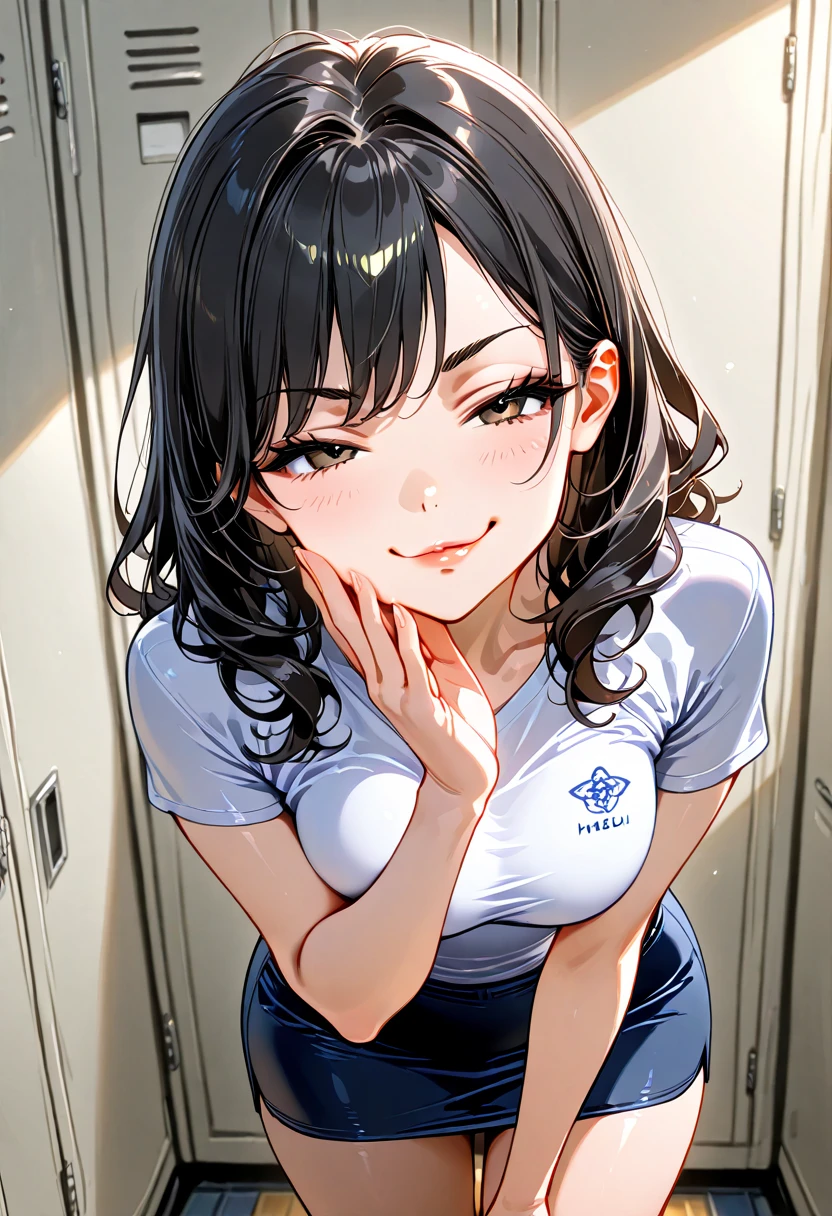 tmasterpiece， high high quality， 8K， beautiful light up， 1girll， 独奏， akane， white  shirt， tee shirt， blue short pants， 无袖， looking at viewert， sitted， Bedrooms，heart - shaped pupils，full face blush，steamy，sweat leggs，Love to fight，and the tongue sticks out，embarressed，Behold the，wetclothes，tmasterpiece，Best quality at best，