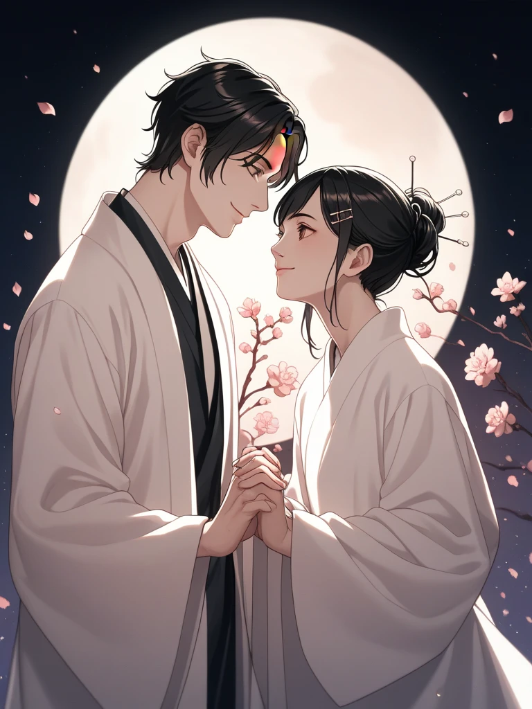 (in 8K, hight resolution, ultra-detailliert), Gay Couple, 1 man and 1 man, Mature, Hair color is different, (cuddling), full bodyesbian, a blonde and a black hair, (Two men smiling face to face)、Gray-haired man with beautiful fox ears、Strong man with black hair with wolf ears、ink and watercolor painting、Traditional Chinese Ink Painting、lotuses、Hanfu、Maxi Kit、Dress conservatively、Animal ears, Knights、bule、florals、Lots of flowers nearby、shenron、extra detailed face