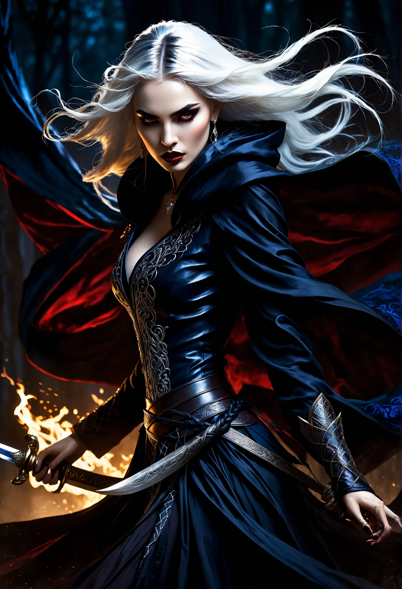 A fierce and captivating vampire stands at the center of this high-quality, full-body illustration. Her long, silver-white hair, styled into two wild braids, cascades over her shoulders, creating a striking contrast against her deep midnight-blue hooded robe. Her piercing, predatory gaze locks onto her next victim, and her lips curl back in a snarl, revealing razor-sharp fangs glistening in the dim torchlight. The flowing fabric of her robe billows around her, partially open to reveal an intricate and battle-ready ensemble.
At her waist, a beautifully adorned dagger rests in its sheath, but in her hands, she wields a gleaming, blood-streaked sword, its blade poised for the next strike. Behind her, an ancient stone altar is stained with the remnants of a ritualistic blood sacrifice, arcane symbols glowing faintly as if infused with dark energy. The flickering firelight casts eerie shadows across the scene, illuminating the delicate freckles on her face, the shimmer of her diamond earrings, and the intense glow of her crimson eyes.
Her expression is a mix of wrath and hunger, her supernatural beauty heightened by the contrast of her pale, almost ethereal hair and the dark, rich tones of her attire. The atmosphere is thick with tension—a perfect blend of gothic fantasy and raw, predatory power.
Her expression is a mix of wrath and hunger, her supernatural beauty heightened by the contrast of her glittering makeup and the raw ferocity of her form. The atmosphere is thick with tension—a perfect blend of gothic fantasy and raw, predatory power.