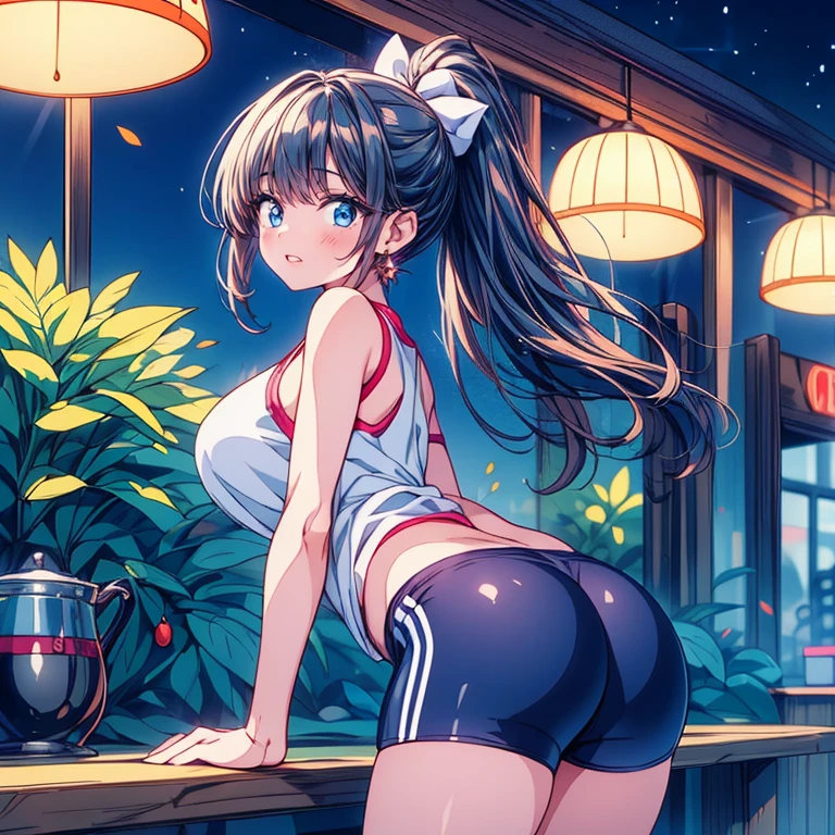 1 female、woman with very long black hair、Busty women、Spectacular views、Night Scene、The view from the top of the hill、Full moon night sky、swirling starry sky、８K、Best Quality、The woman&#39;s whole body is in the photo、The woman is wearing a miniskirt and her crotch is visible.、Standing motionless in golf wear, staring at the ball、Back view of a man standing on the green、I can see your ass、T-back panties are visible