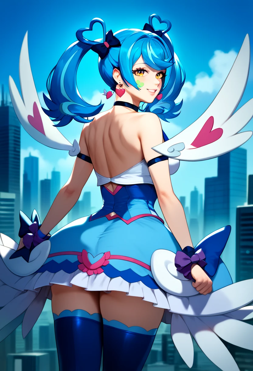 american comics one, DizzyMS, off shoulder, cute eyes, thin waist, surprised face, small breasts, ribbon, hair ribbon, asymmetrical wings, wings, choker, tail, yellow ribbon, thighhighs, belt, thigh strap, BREAK on top of a skyscraper, big city, office building, lamppost <lora:modernAmericanComics_v10:0.5> <lora:dizzyGuiltyGearLora_1:1>