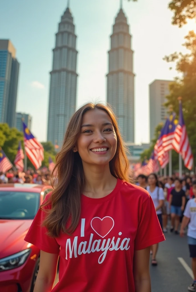 Displaying full HD high resolution photos, A beautiful Korean woman wearing a red shirt with letters "INDEPENDENCE", Standing in the middle of the road while holding the Indonesian flag in her hand, The woman is wearing a white denim skirt with small rips, Wearing white sneakers, While looking at the camera, the woman raises the Indonesian flag, The background is a lively atmosphere on the streets with a feel of Indonesian Independence Day, realistic