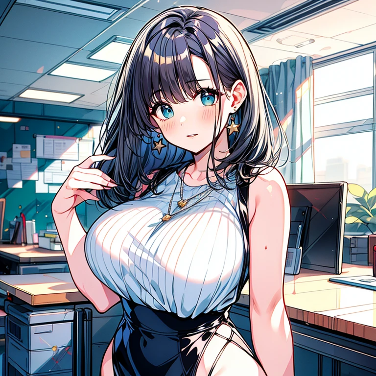(8k, masterpiece), high resolution, high quality (best quality), komi shuuko, teacher, with a seductive look and smile, at an anime event, spectacular dynamic lighting, beautiful eyes, delicate face, detailed skin, detailed breasts, vivid colors,