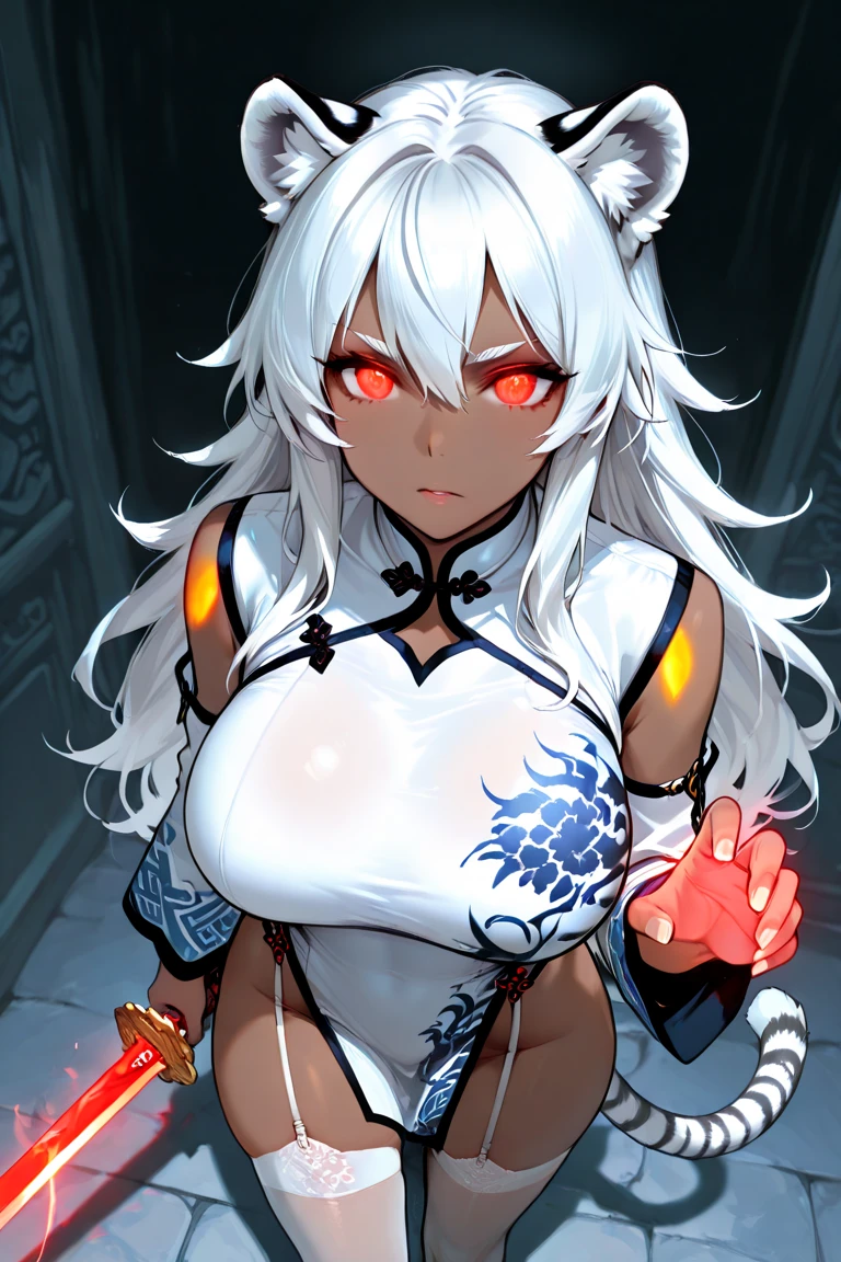 a beautiful blue and black kitsune, big breasts, long White hair, slim waist, detailed portrait, intricate details, dramatic lighting, mystical, elegant, sensual, long white tail, heterochromia (one blue eye, one red eye), His eyes would shine brightly, Surrounded by red energy fireflies, red and black kimono with occi dragon design