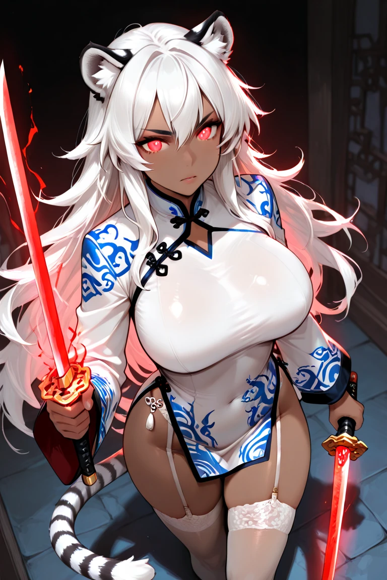 facing shot) of a (((beautiful))) Asian (((Oni female))) warrior, ((sitting with legs spread)) and holding on shoulder a ((massive iron mace)), (wepon), wearing (Tiger print short kimono), with ((thick curvy mature body)) yet ((muscular)), long and voluminous (white hair) blown by the wind, (2 long anime_Oni_horns ), reddish fair skin , (perfect detailed face features) expressive eyes with proud look , thick lips letting a provocative grin,
