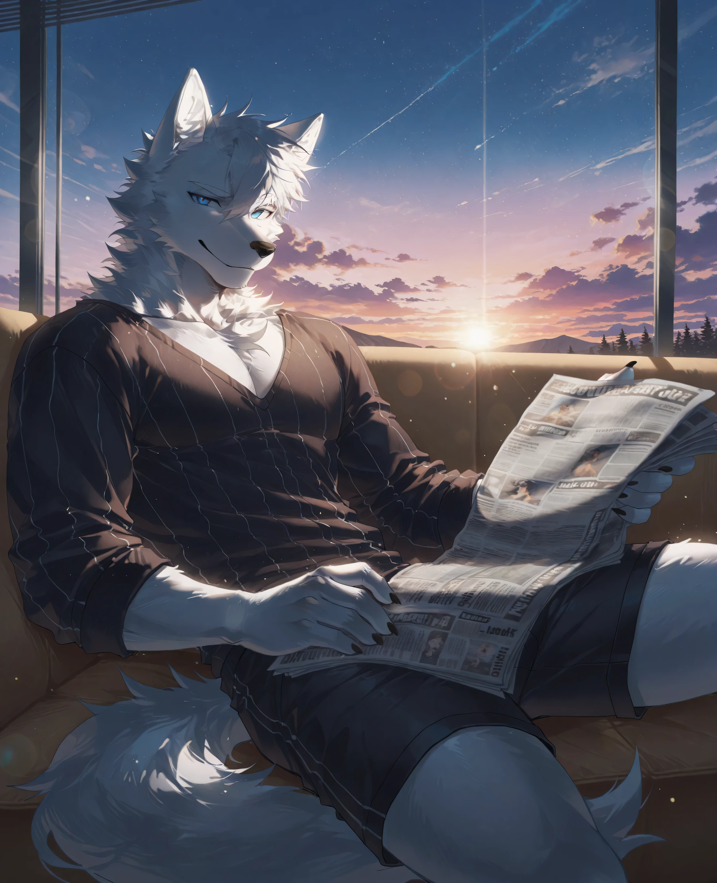 sfw,masterpiece,UHD,solo:1.2,highres,best quality,anatomically correct,furry male,male_focus,(),(white wolf),collarbone,(white fur:1.1,),white hair,short hair,cocked eyebrow,snout,(detailed eyes,blue eyes,detailed pupils,beautiful eyes),snout,animal ears,wolf ears,absurdres,shapely,handsome,wolf tail,cowboy_shot,(slender muscle:0.3),(open black pyjamas,shorts),(5 fingers:1.1),(skinny:0.75),(inside,livingroom),sitting on sofa,leaning back,looking_at_viewer,(in livingroom,reading newspaper),ray tracing,shadow,looking_away,from_side:1.3,(soft light,dusk,shadow:1.2),bokeh,detailed background,Tyndall effect,(livingroom background,in countryside),((beautiful detailed background)),break,(wolftapioca:0.3,chung0u0,(by zwm:0.6),(lindong:0.8),(by null-ghost:0.8),huashijw,(asteroid_ill:0.8),(smile \(qd4nsvik\):0.9),konya karasue)),cg,highres,sfw