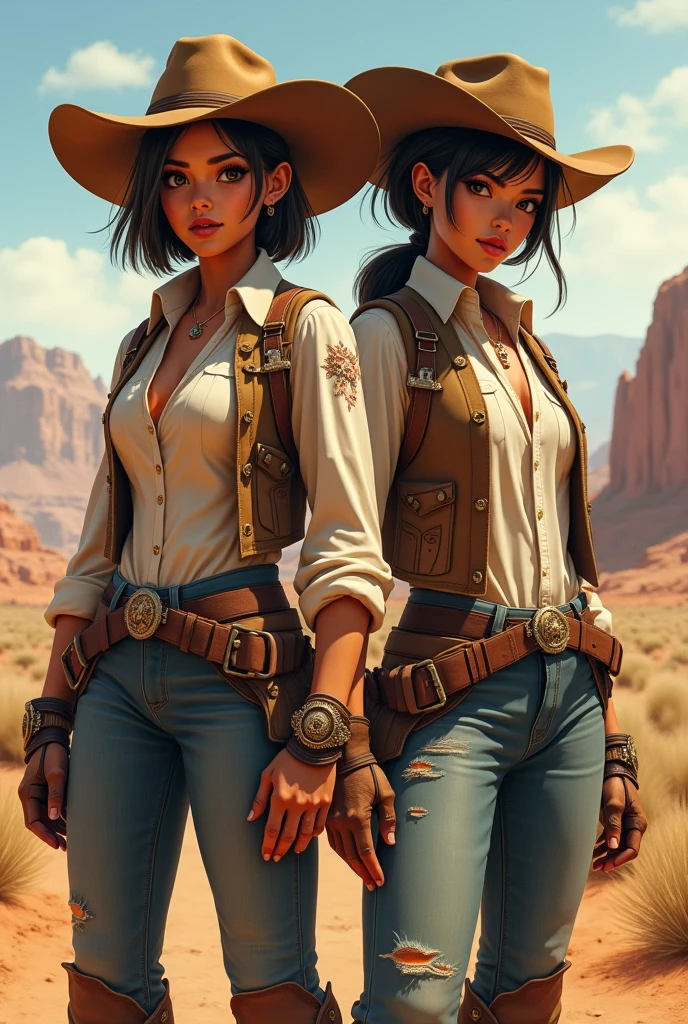 A beautiful cowgirl. She is in the middle of the street in a small town. She is holding two large revolvers, one in each hand, wearing denim clothes, a hat and high boots. Her hair is long and curly. It is a spectacular full body image with a low upward slanting angle.