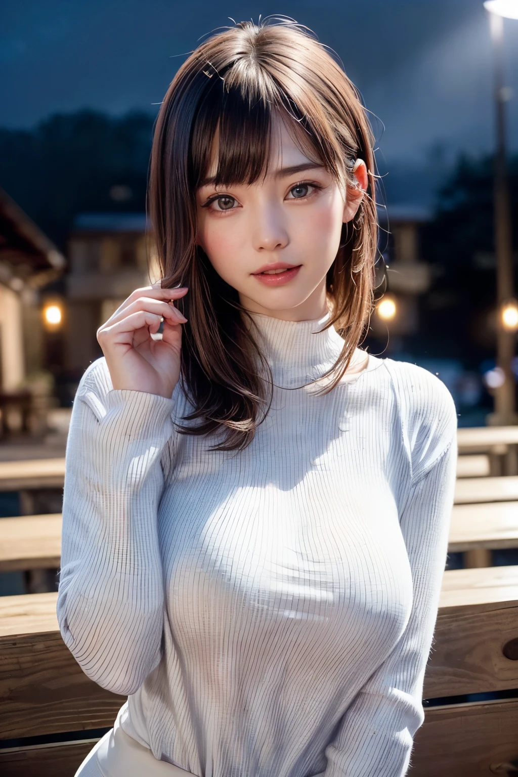8K, of the highest quality, masutepiece:1.2), (Realistic, Photorealsitic:1.37), of the highest quality, masutepiece, Beautiful young woman, Pensive expression,、A charming、and an inviting look, Oversized knitwear、cleavage of the breast, Hair tied back, Cinematic background, Light skin tone