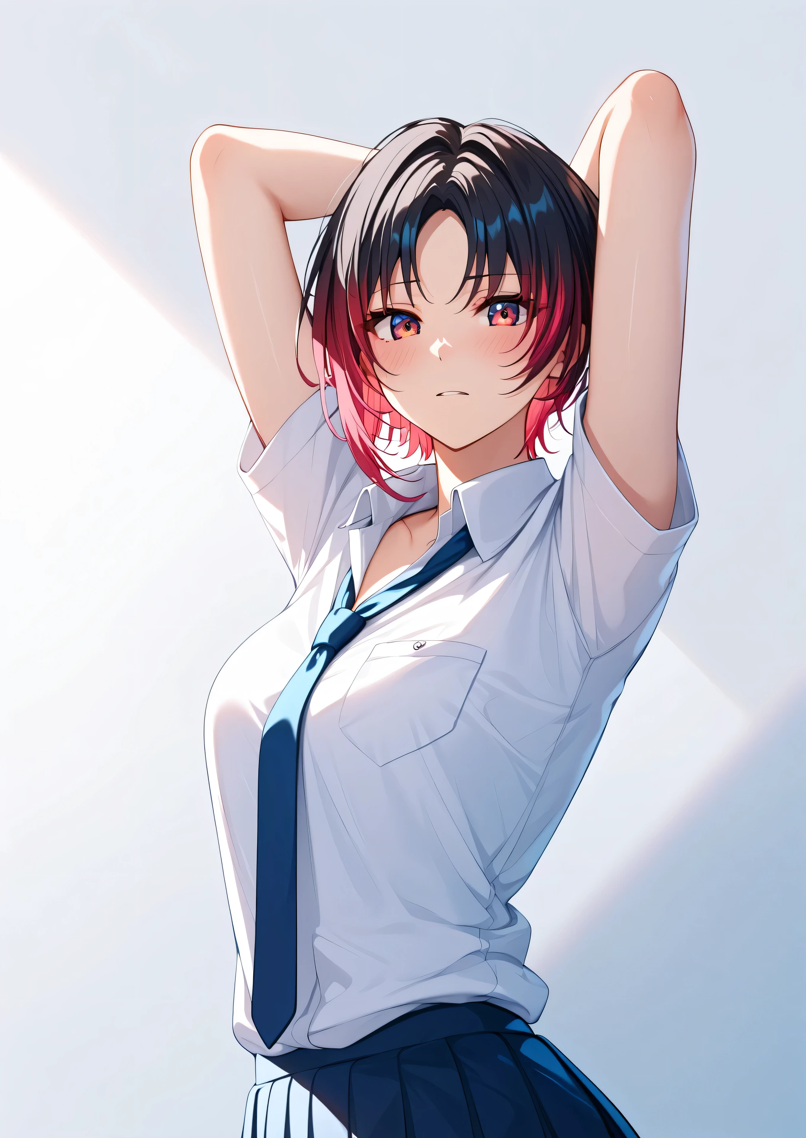 master piece、Best Quality,Super detailed,High resolution,Extremely detailed CG,Unity 8K Wallpaper,weat,score_9, score_8_up, score_7_up, score_6_up, score_5_up, score_4_up, source_anime ,professional quality,KisaragiRen, multicolored hair, short hair, parted bangs,RenSummer, multicolored hair, short hair, parted bangs, embarrassed、school uniform、nsfw, ,big butt,arms behind back,arm support、arms behind head、armpit focus、Blue Neckties