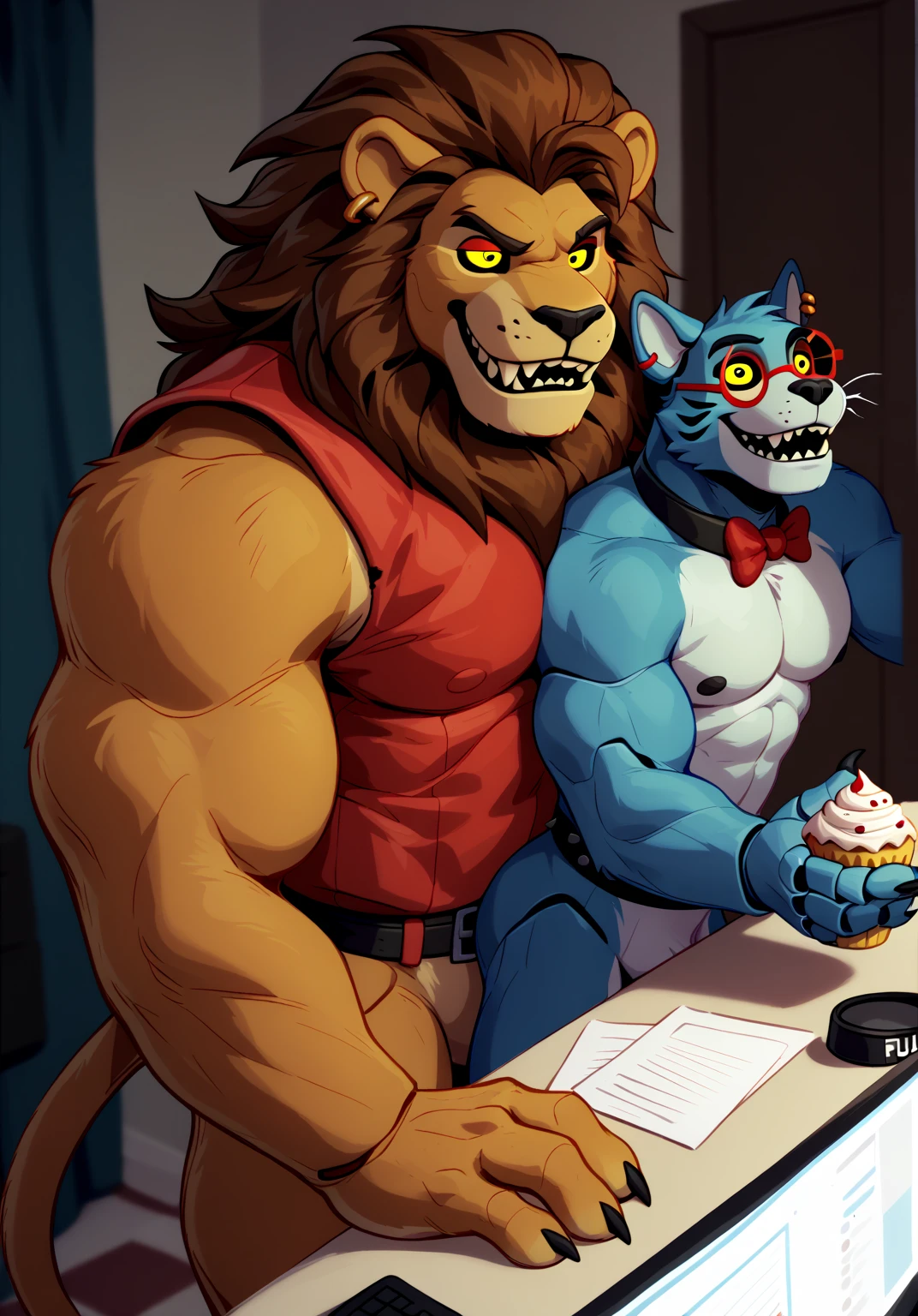 A glamorous, muscular, anthropomorphic bear animatronic character, Glamrock Freddy, in an intimate, erotic encounter with the voluptuous, curvy Loona, an anthro wolf character, in a dimly lit security room at night, surrounded by scattered pizza slices. Loona enthusiastically licks Freddy's large, bulbous, well-endowed member. Highly detailed, photorealistic, 8k, masterpiece