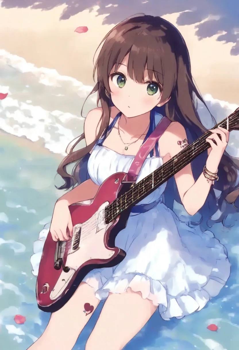 1 Girl, holding electric guitar, Small Breasts, swimsuit, Practical, beach, wet, ocean, Umbilical cord, Sky, clavicle，masterpiece, best quality, High resolution, Fine details,
