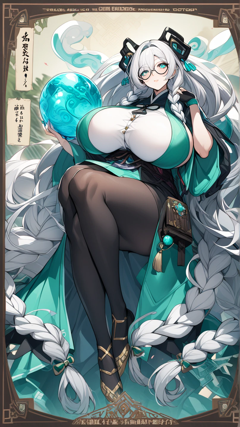 ( of the highest quality, Best Quality, Official art, Beautiful and aesthetic:1.2), (1girl in:1.3), (Fractal Art:1.3), The card, tarot, Green hair, Twin braids, Hair Flower, (good lighting:1.1), ((hight resolution)), Tarot card style,(((huge-breasted)))、thick thight、big butts、Angel wings