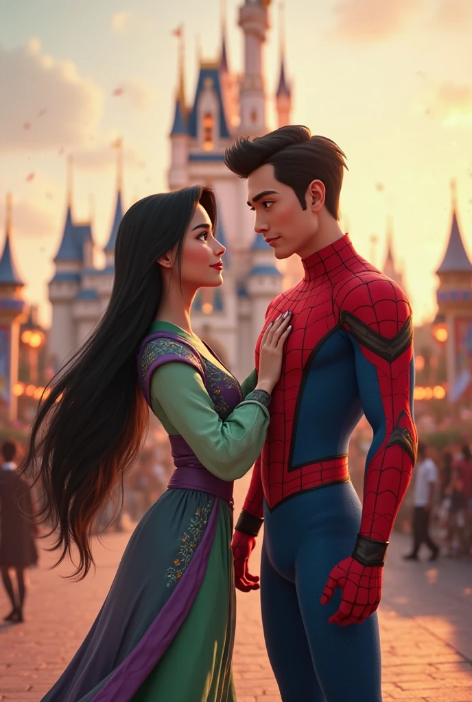 Tiana in a green princess dress with diamonds kissing Spiderman but the image must be animated and the background must be at night with the moon and with many stars like Evangeline who appears in the movie and Ray making a heart with his light