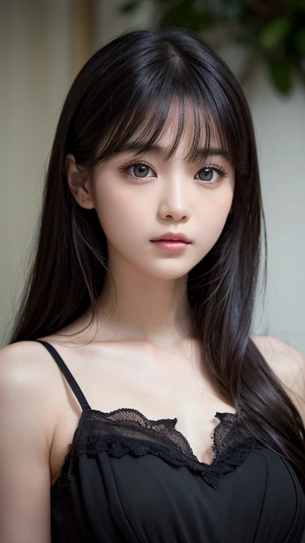 1 girl, beautiful detailed eyes, beautiful detailed lips, extremely detailed eyes and face, long eyelashes, thin body, thin legs, black layered cut short wavy hair, thick and fluffy bangs, very detailed face, faint smile, thin nose, small thin mouth, extremely sharply focused eyes, japanese, beautiful face, realistic eyes, beautiful and beautiful eyes, realistic skin, beautiful skin, charm, a vivid face, visual kei gothic lolita outfit, corset, elaborate accessories, ornately decorated, dark, flowing hair cascades down shoulders, dark eyeliner, avant-garde look, theatrical decadence, challenging traditional fashion norms, captivating androgynous look, (best quality, 4k, 8k, highres, masterpiece:1.2, ultra-detailed, realistic, photorealistic, photo-realistic:1.37), (dramatic lighting:1.2), (high contrast:1.2), (vivid colors:1.2), (intricate details:1.2)